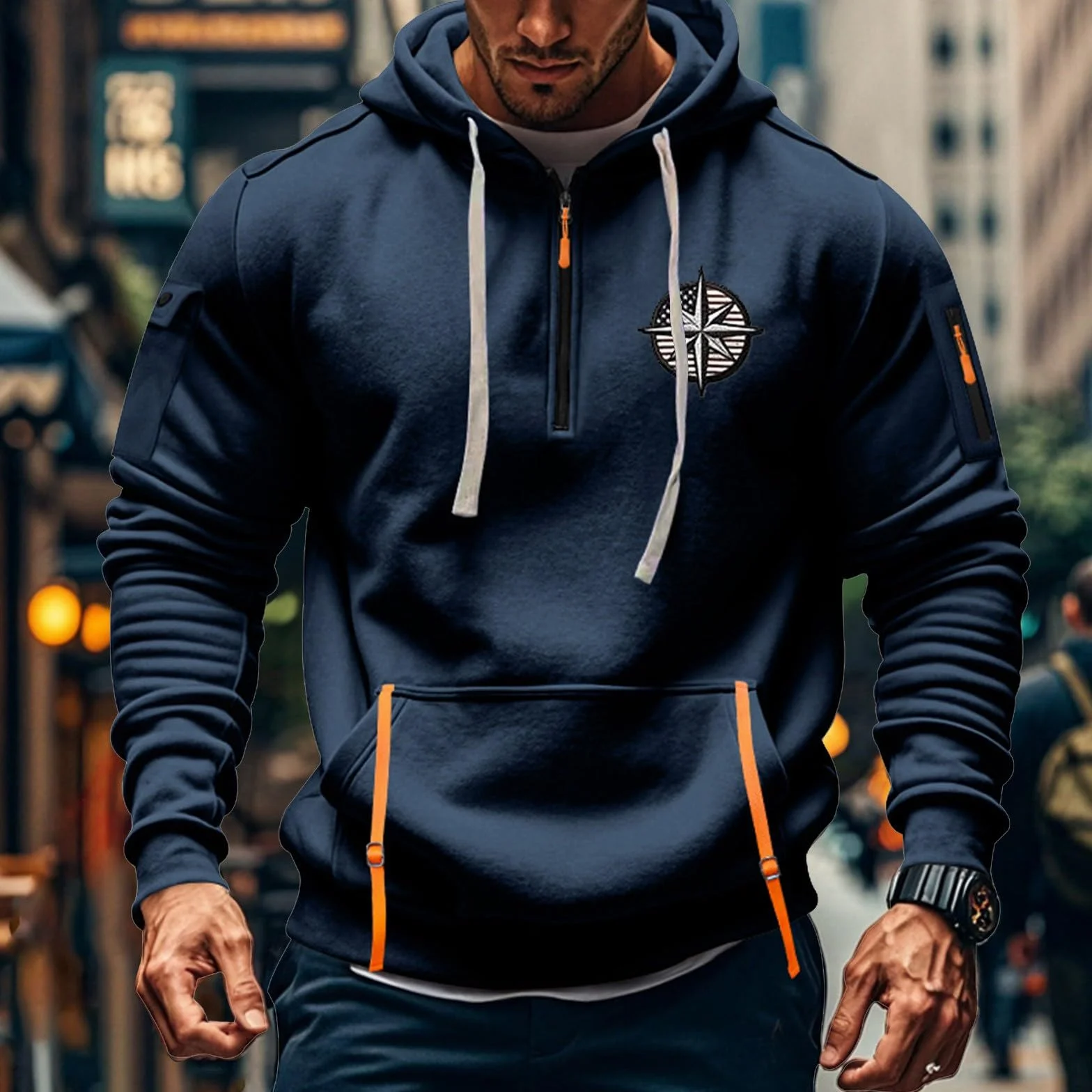Sudaderas Hombres Running Invierno Cordón Manga Larga Deportiva Fitness con Bolsillos