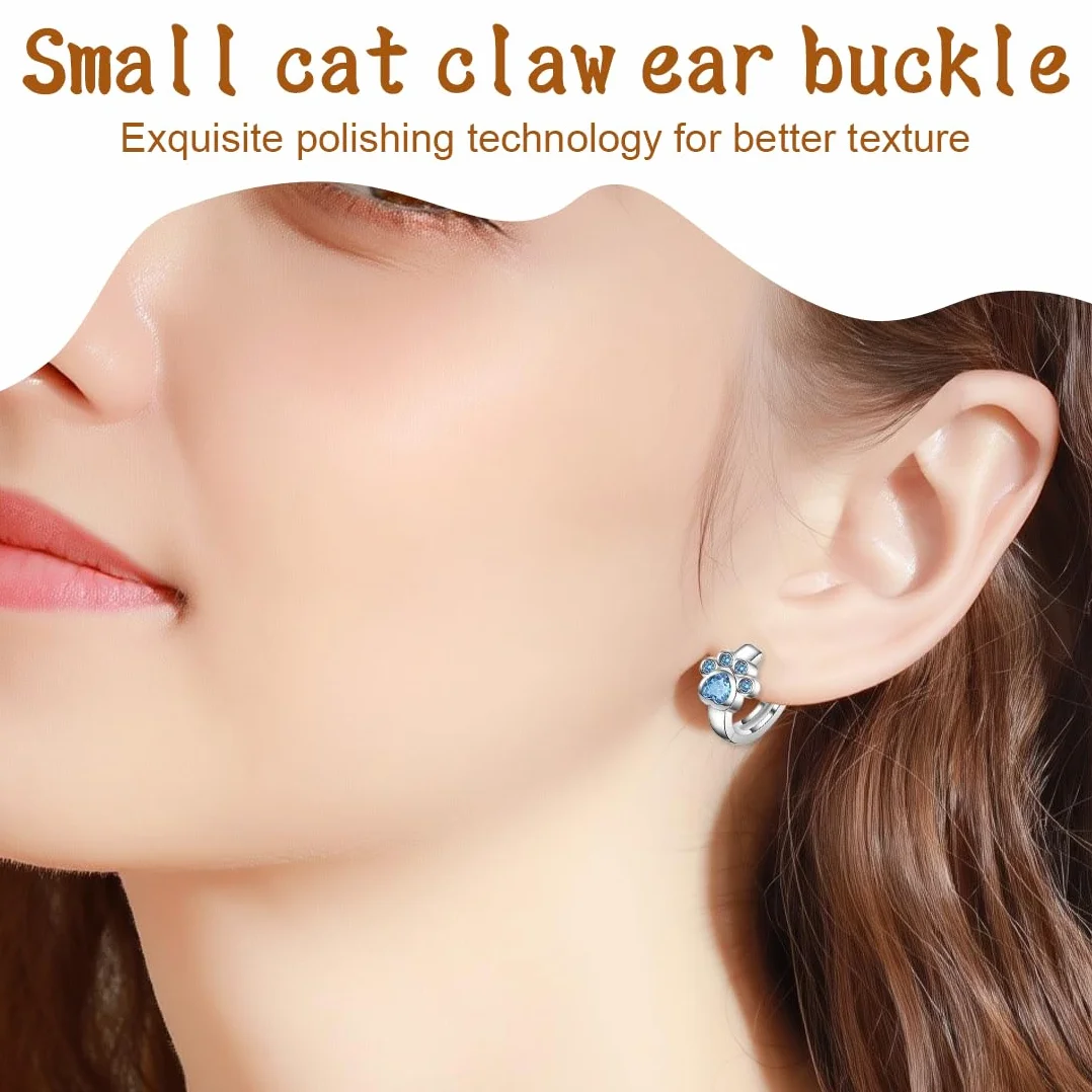 Aretes de pata de gatos con diseño huella Cristal Circonita, Joyería Elegante para niña, Azul Brillante