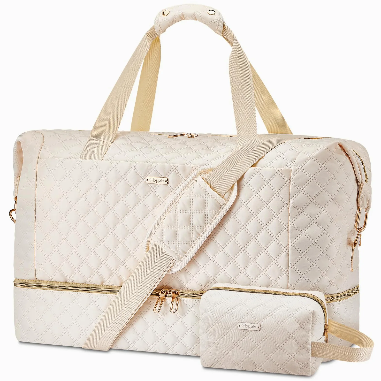 Gloppie 39L Bolsa de Viaje Grande Mujer, Bolsa Deportiva con Neceser, Ligera Bolsa Maternidad Hospital con Compartimento para Zapatos, Transporte Equipaje Yoga Deporte Gimnasio, Beige