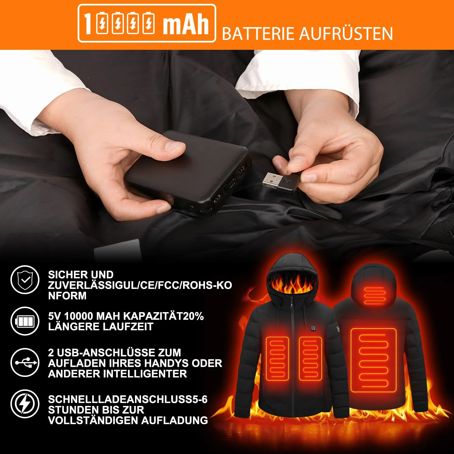 Chaqueta Calefactable con Capucha 3 Niveles de Calefacción Puerto USB Impermeable para Hombre Mujer Esquí Motocicleta