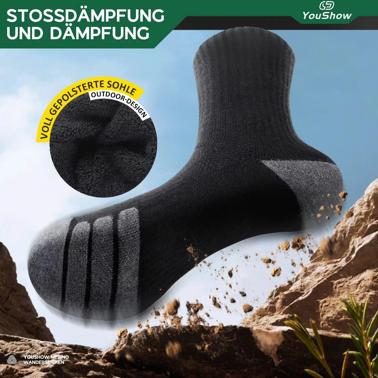 YouShow Calcetines de senderismo Merino 3 pares con acolchado antiburbujas