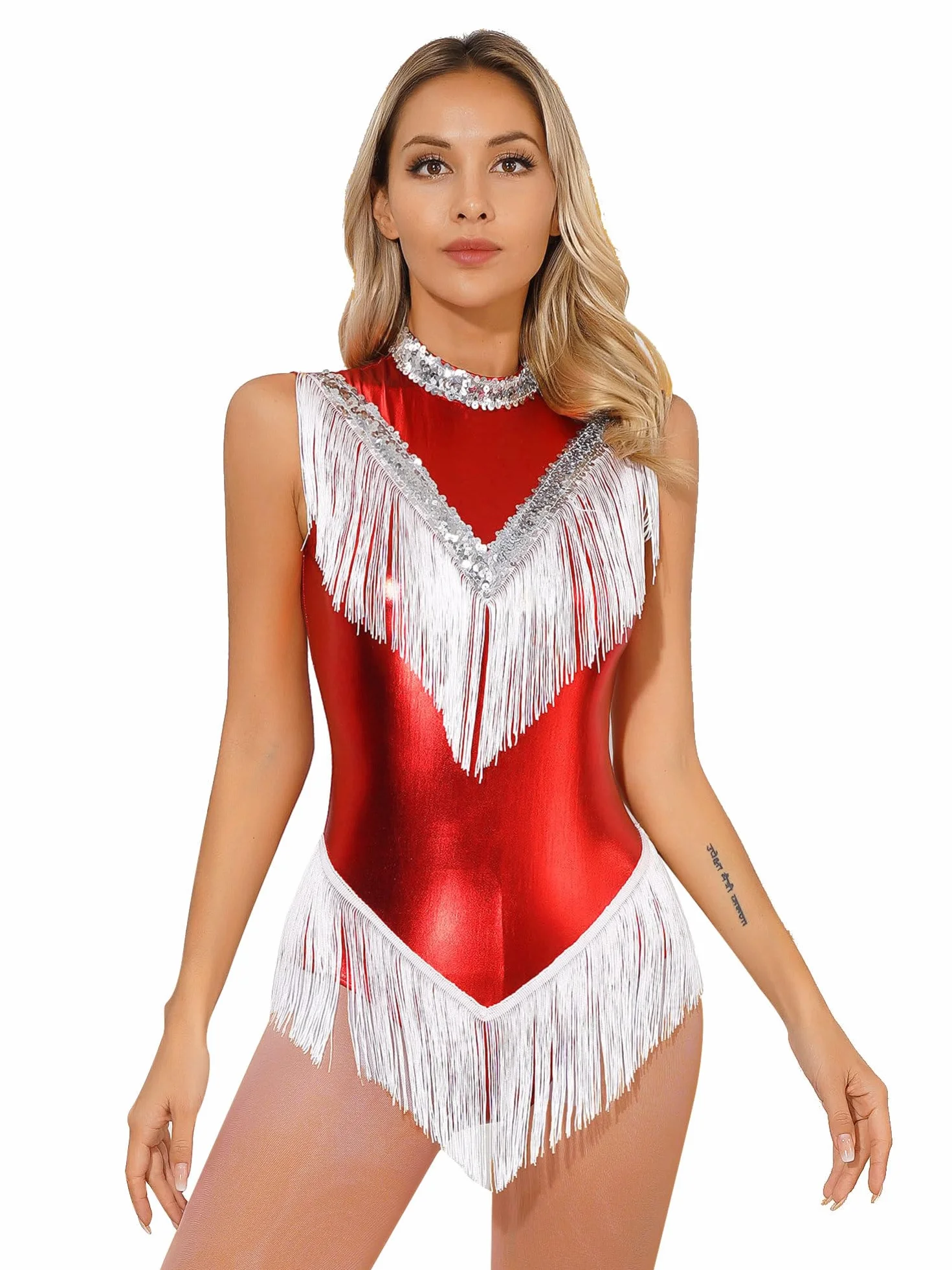 iEFiEL Maillot Brillante de Baile Latino con Flecos para Mujer Patinaje sin Mangas Leotardos Danza Salsa Tango Jazz Rumba