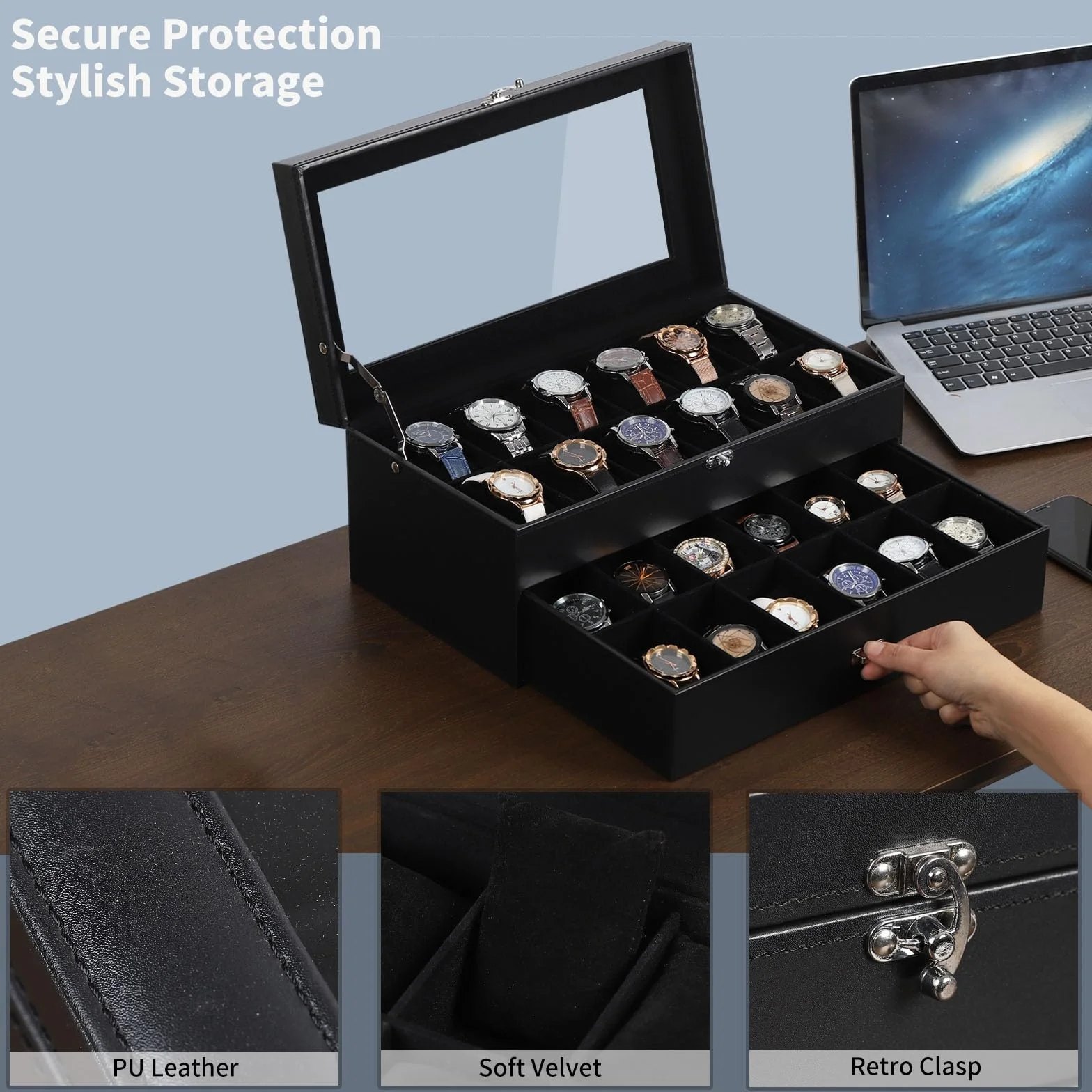 AUTOARK Caja organizadora de 24 relojes con tapa de vidrio y cajón de joyas de cuero y terciopelo, negro MKAW035