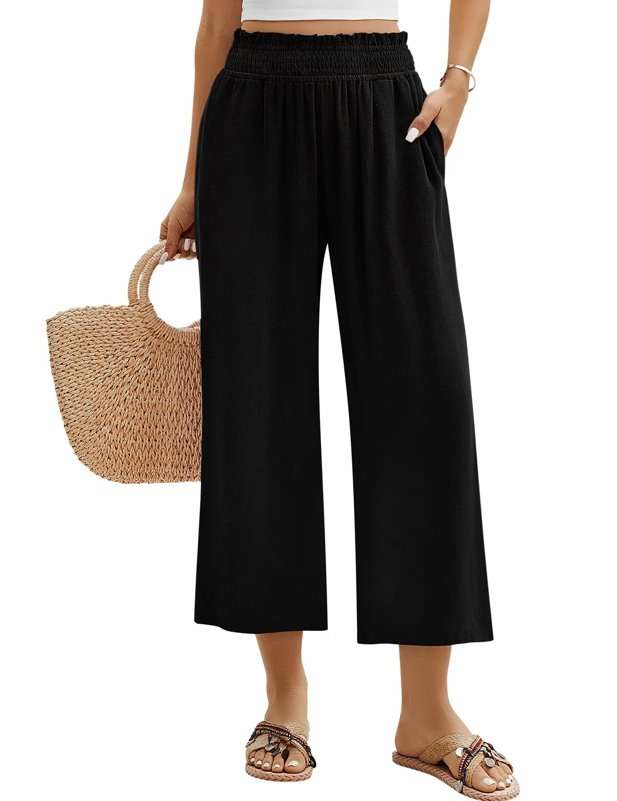 Pantalones Lino Mujer 3/4 Verano Anchos Algodón Alta Cintura Elásticos con Bolsillos