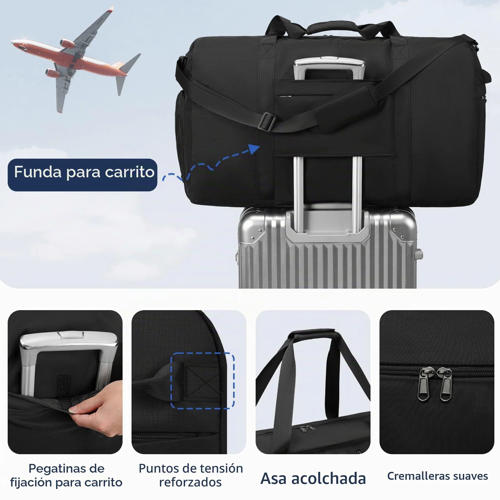 Bolsa de Viaje Unisex 90L Plegable, Impermeable con Compartimento para Zapatillas, 69 x 32 x 40 cm, Negro