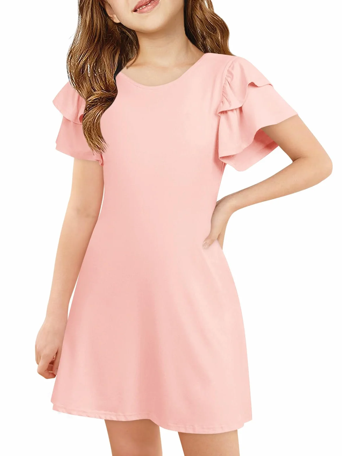 Vestido de niña con mangas con volantes cuello redondo verano línea A monocolor elegante fiesta cumpleaños boda