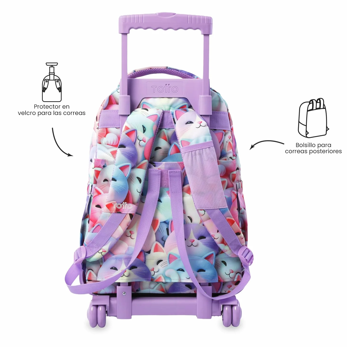 TOTTO Mochila Escolar con Ruedas Renglones 26,21 Litros Bolsillo PC 15,4" Resistente Estampado Mewsy 3D