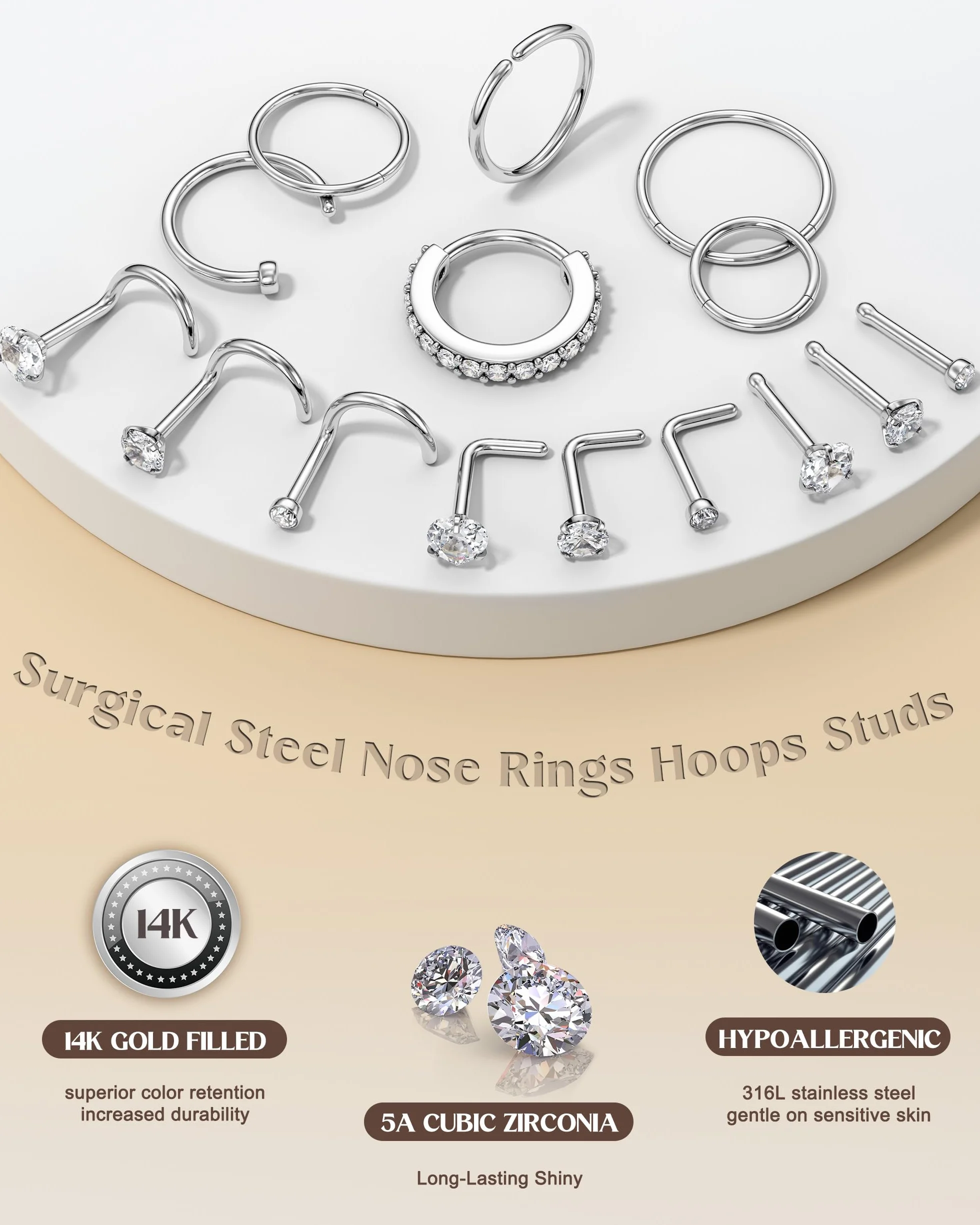 YADOCA 15 Piezas Piercing Nariz Acero Quirúrgico Hipoalergénico Anillos de Nariz Plata Oro Joyería Nostril