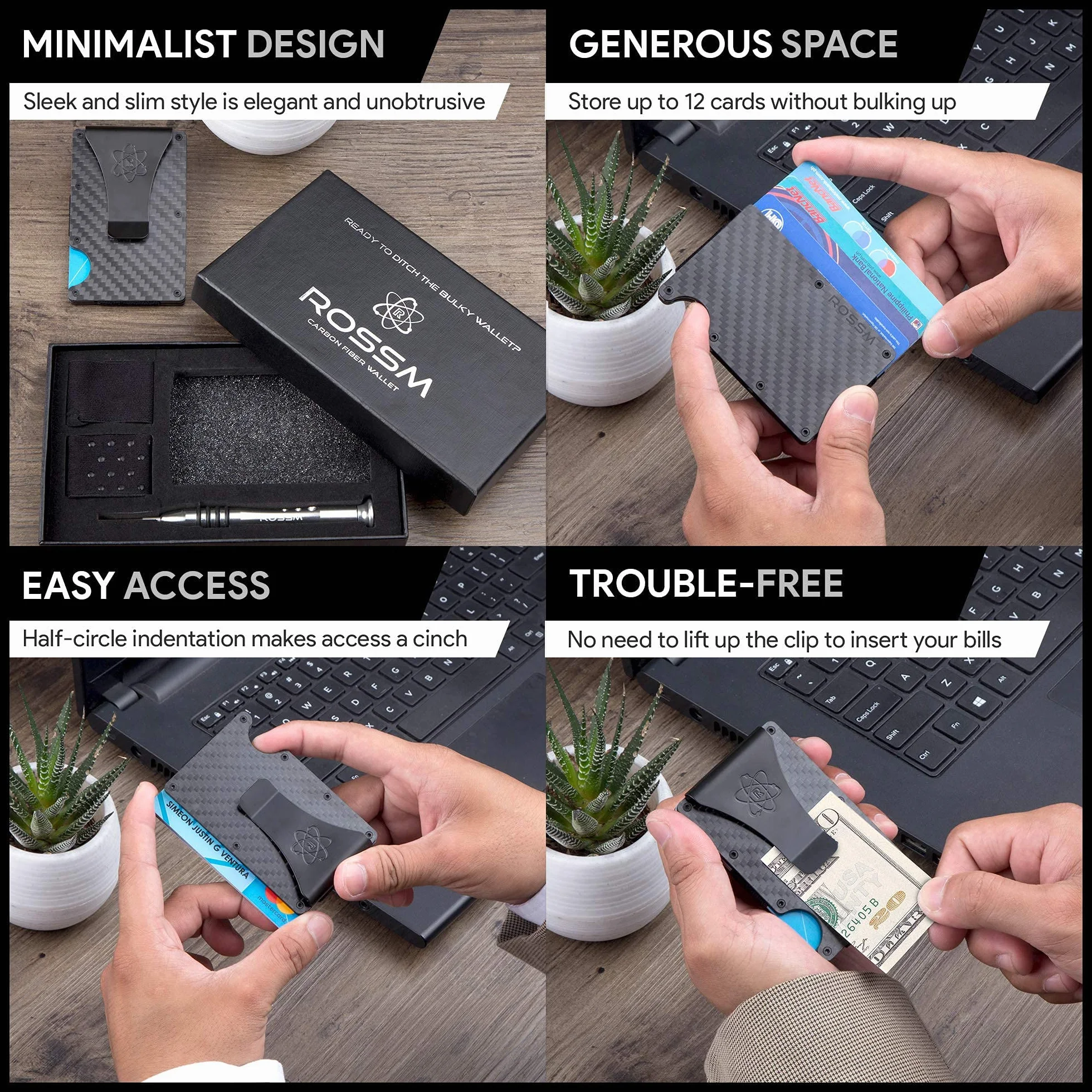 ROSSM Tarjetero Hombre Bloqueo RFID Cartera Minimalista Carbono Metalica Pinza Banda Elástica