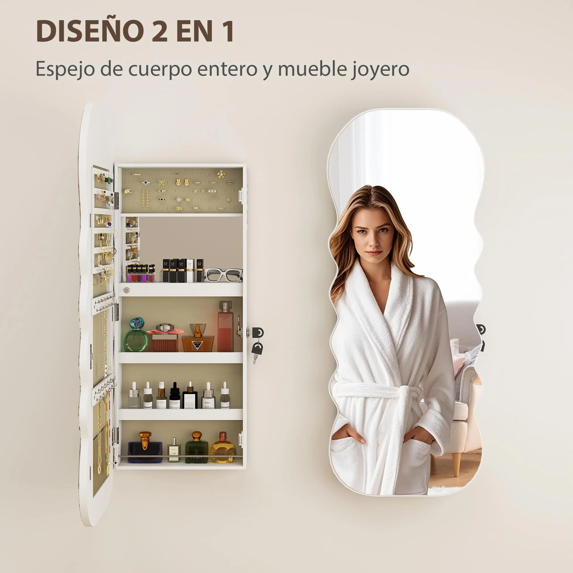 HOMCOM Espejo Joyero con Luz LED 3 Colores, Armario para Joyas Montado en Pared, Espejo Entero, Blanco