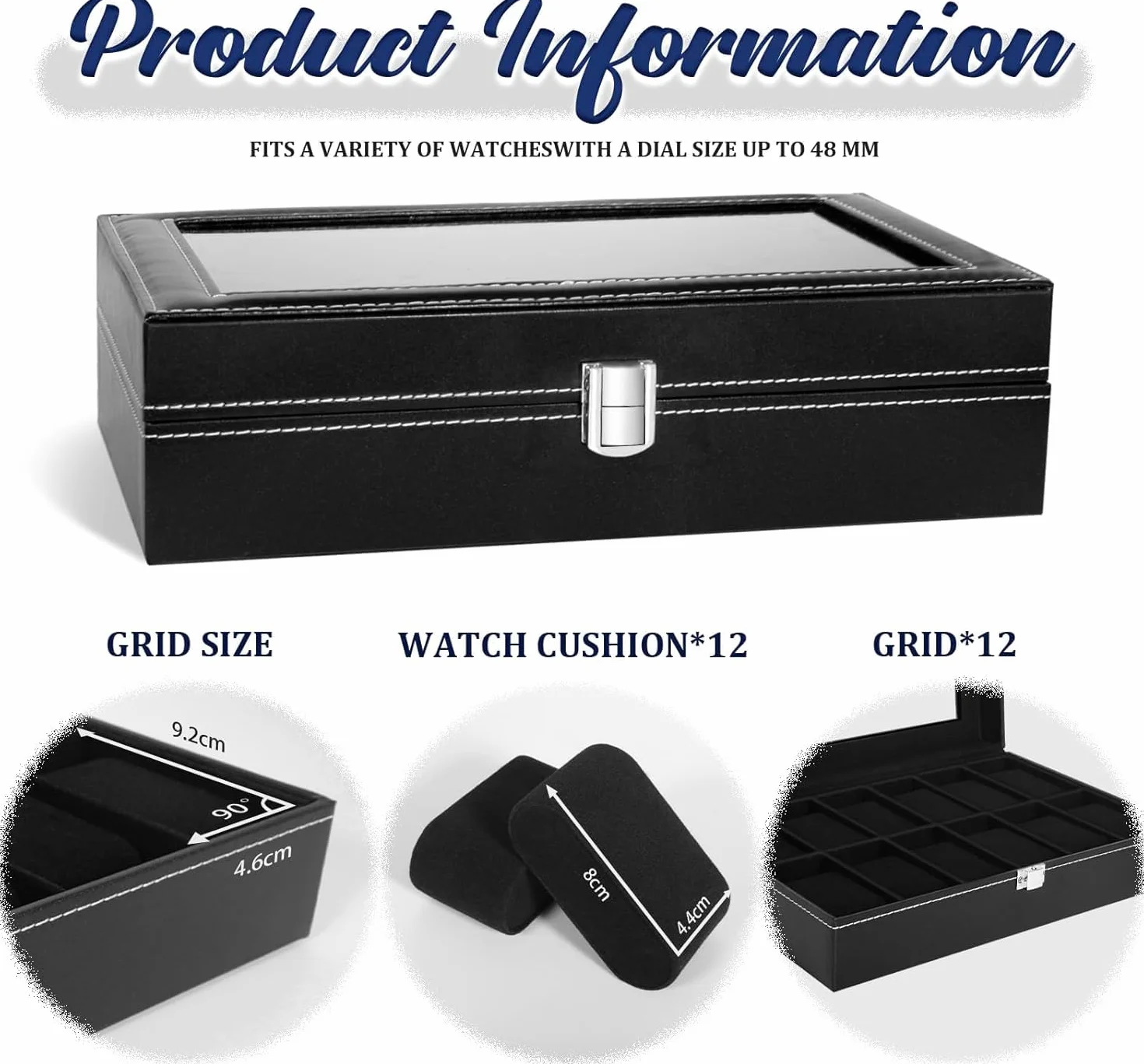 Caja de Relojes con Tapa de Cristal y Cojín Extraíble 12 Ranuras Organizador