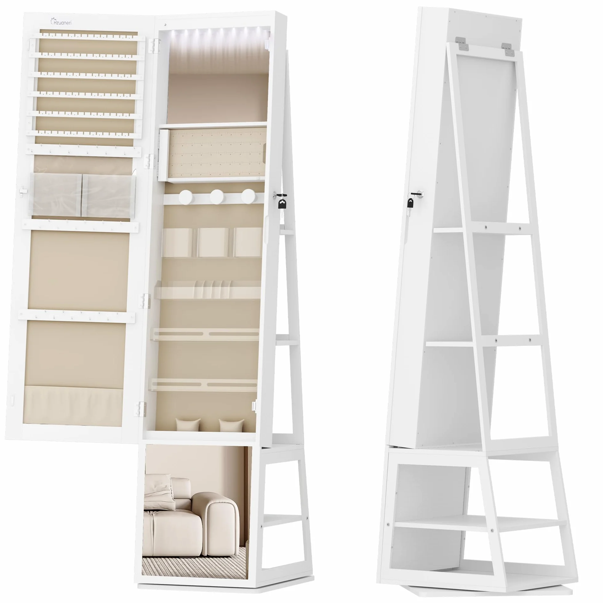 Espejo Joyero con 8 LEDs y Giro 360°, Armario de Almacenaje Blanco Beige