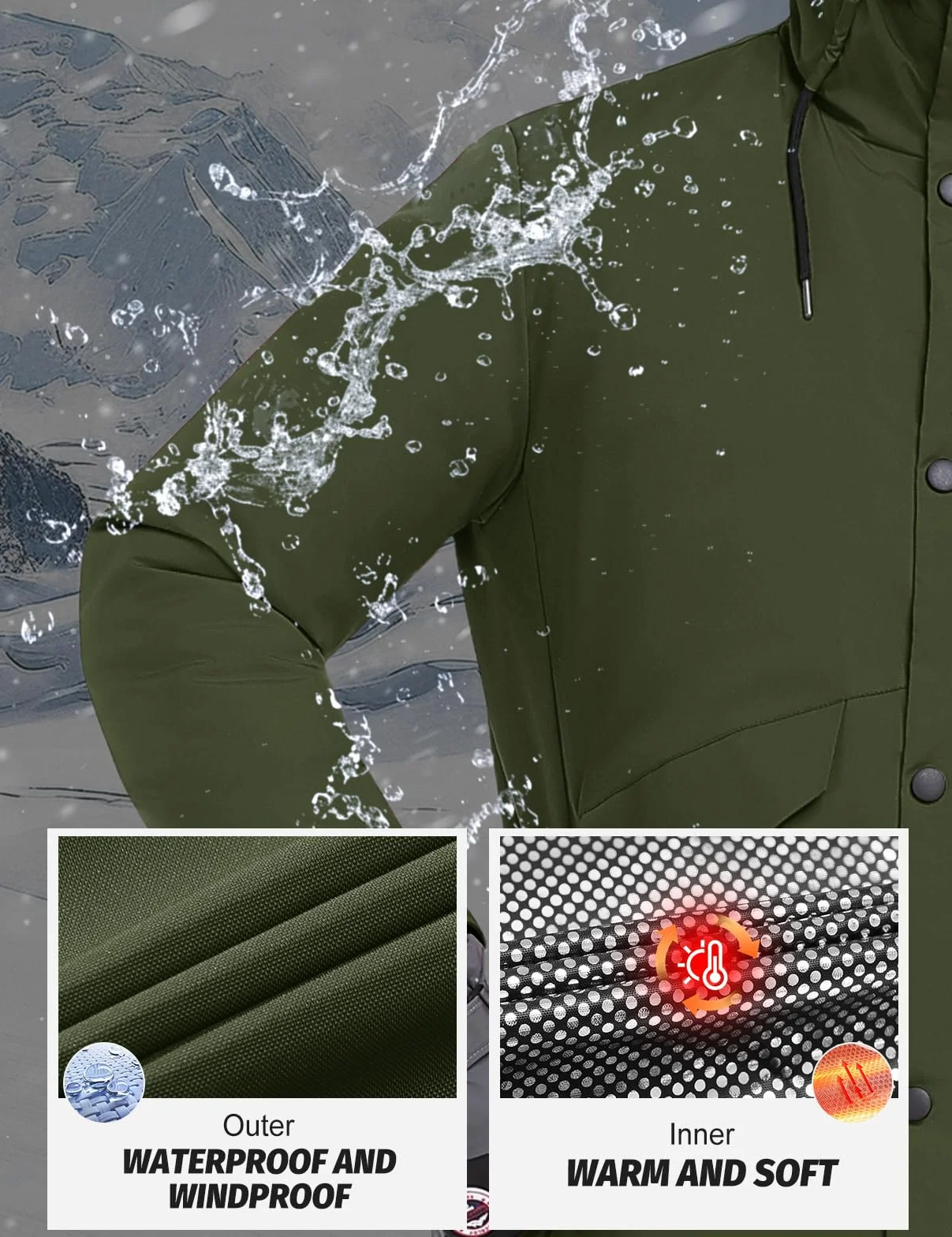 Voqeen Chaqueta de Esqui Hombre Impermeable Cazadora Cálida Aire Libre Térmica Capucha Desmontable Antiviento