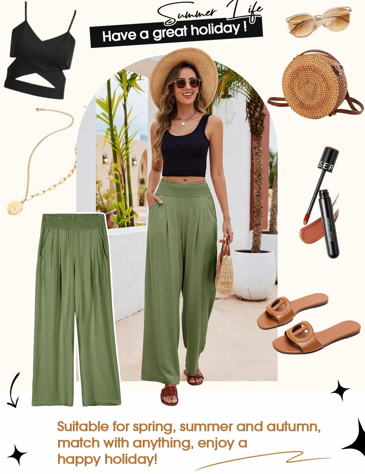 Pantalones de Lino Mujer Verano Algodón Cintura Alta Palazzo Pierna Ancha con Bolsillos