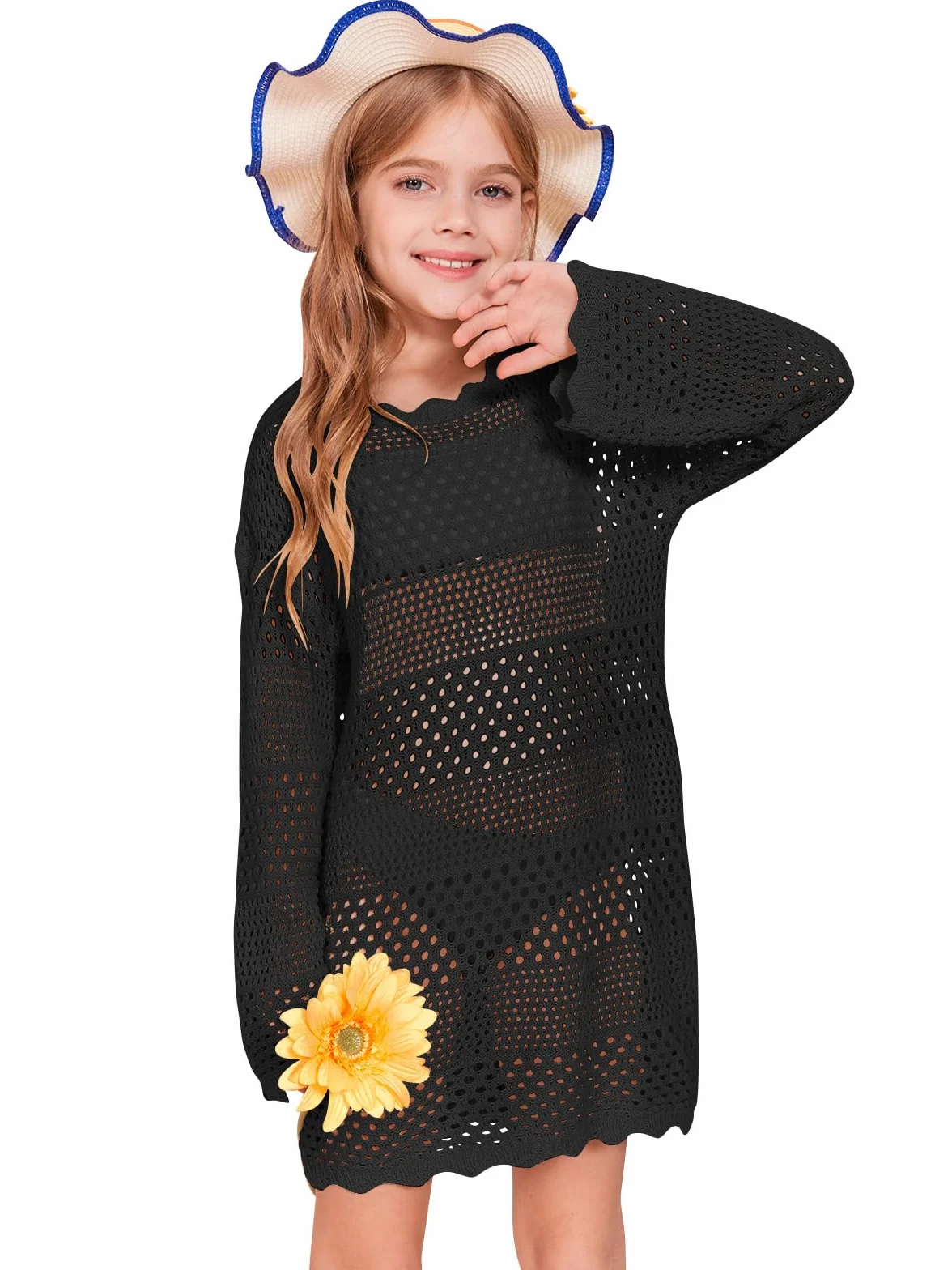 Batermoon Traje de baño de manga larga de ganchillo para niñas, vestido de playa para niñas de 5 a 14 años