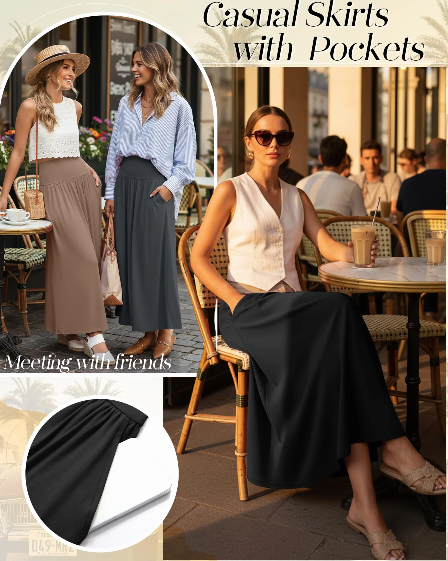 Ficerd Paquete de 3 Faldas Largas Maxi para Mujer, hasta el Tobillo, Cintura Alta, Verano, con Bolsillos