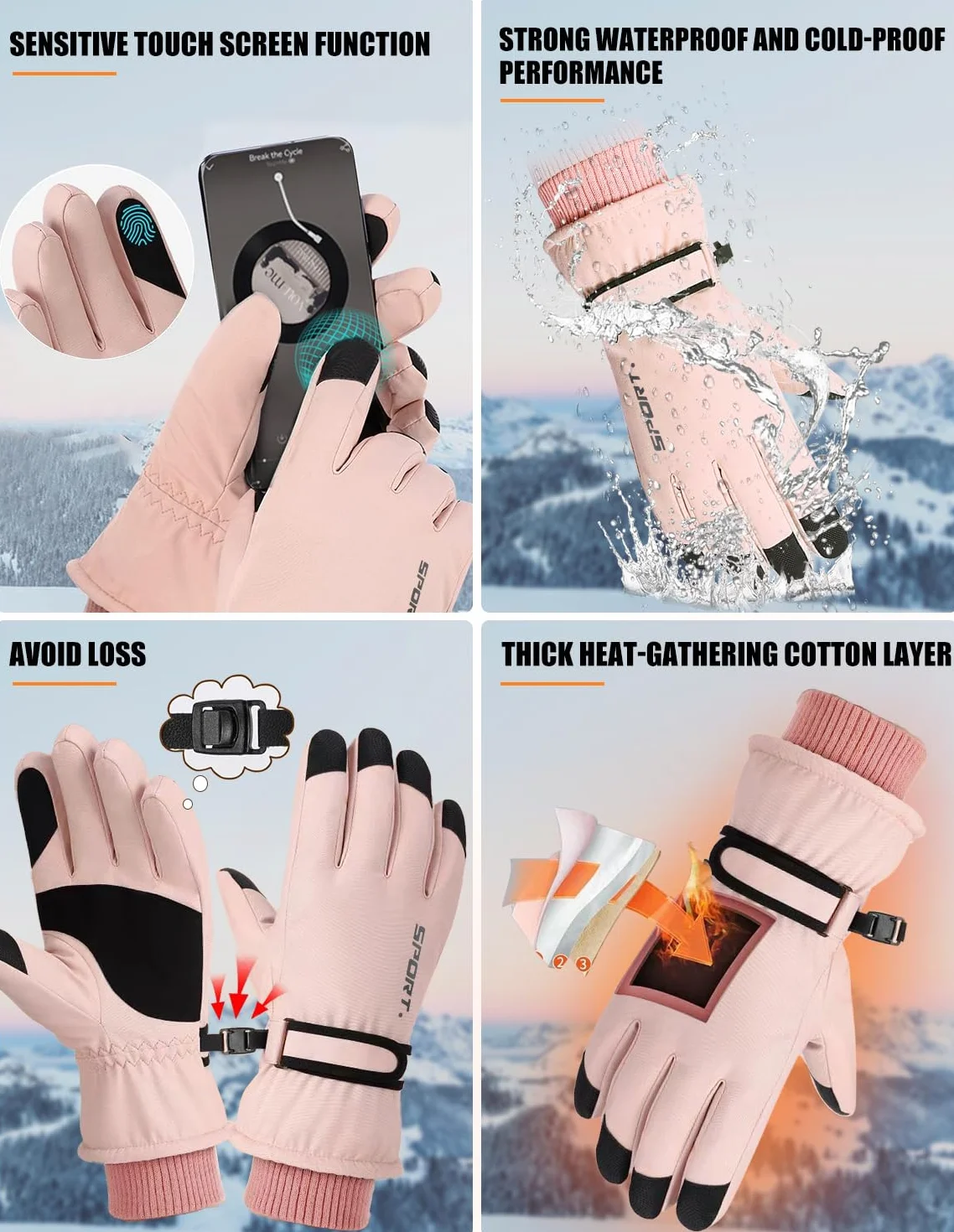 Guantes de Esquí Impermeables Mujer Nieve Invierno - Grueso Térmicos Pantalla Táctil Unisex Snowboard Moto Ciclismo
