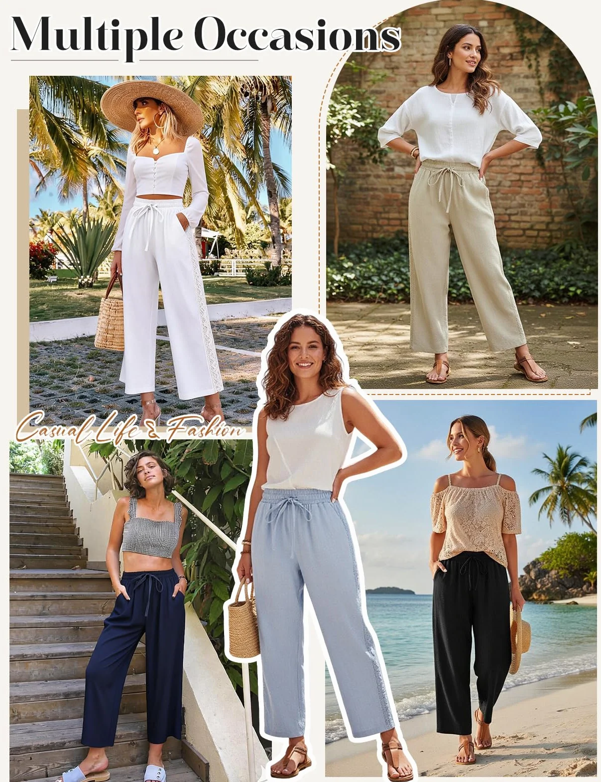 Pantalones Mujer Verano 7/8 Algodón Cintura Alta Casual con Bolsillos