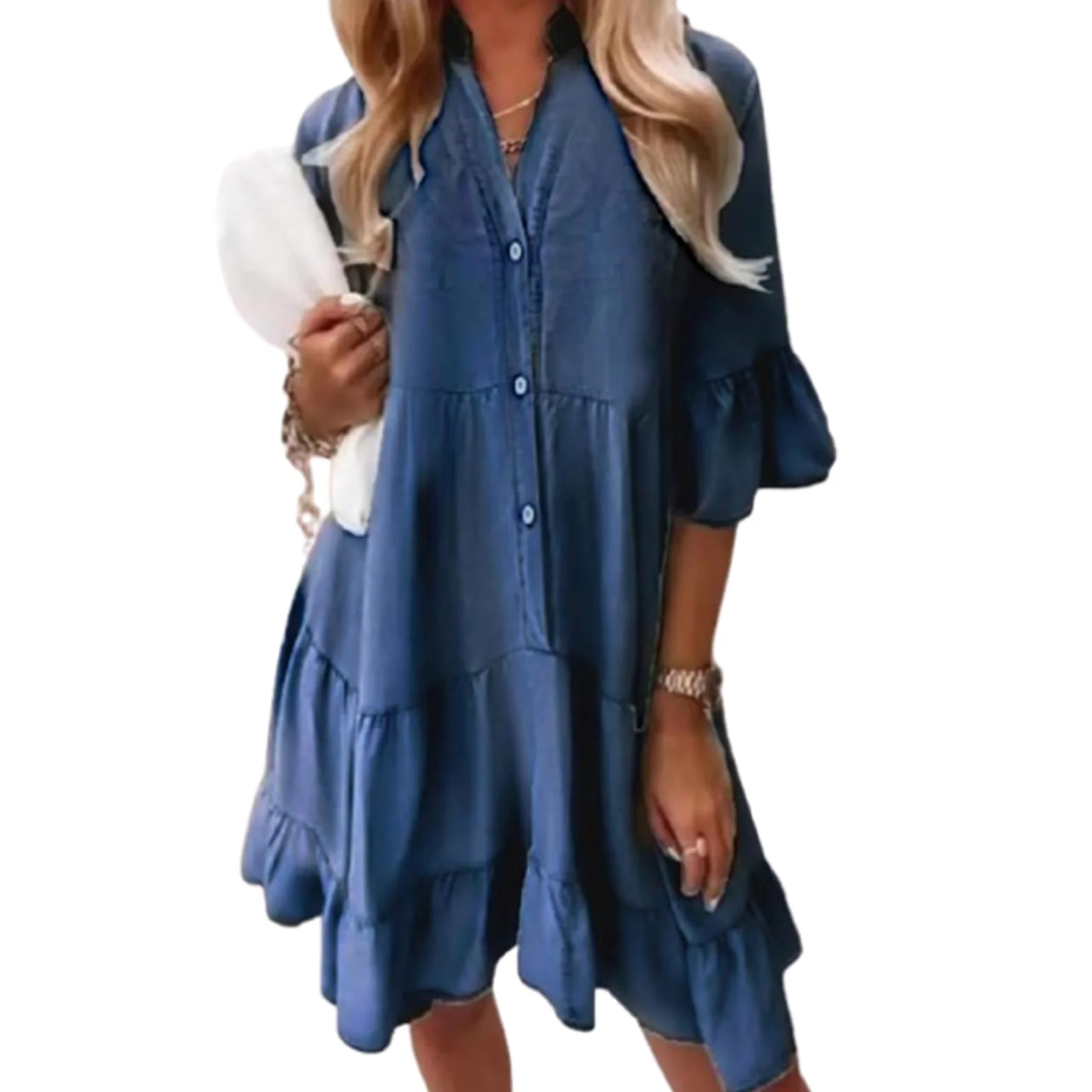Vestido Denim de Algodón Lavado - Cuello V con Volantes para Playa y Brunch | Vestido Ligero de Media Manga Mujer