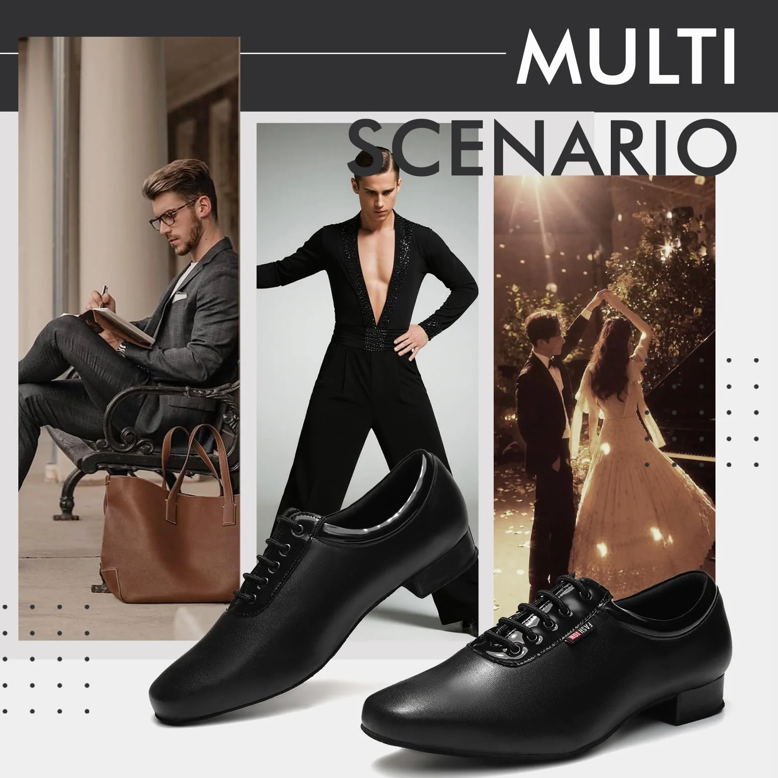Zapatos de Baile Latino Hombre Negro Cordones Salsa Salón Tacon Bajo