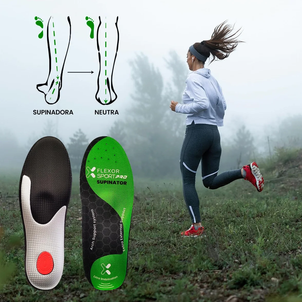 Flexor Plantillas Pro Trail Running Pie Supinador Talla 46 Verde Soporte Arco Plantar Tecnología Gel Absorción Impacto