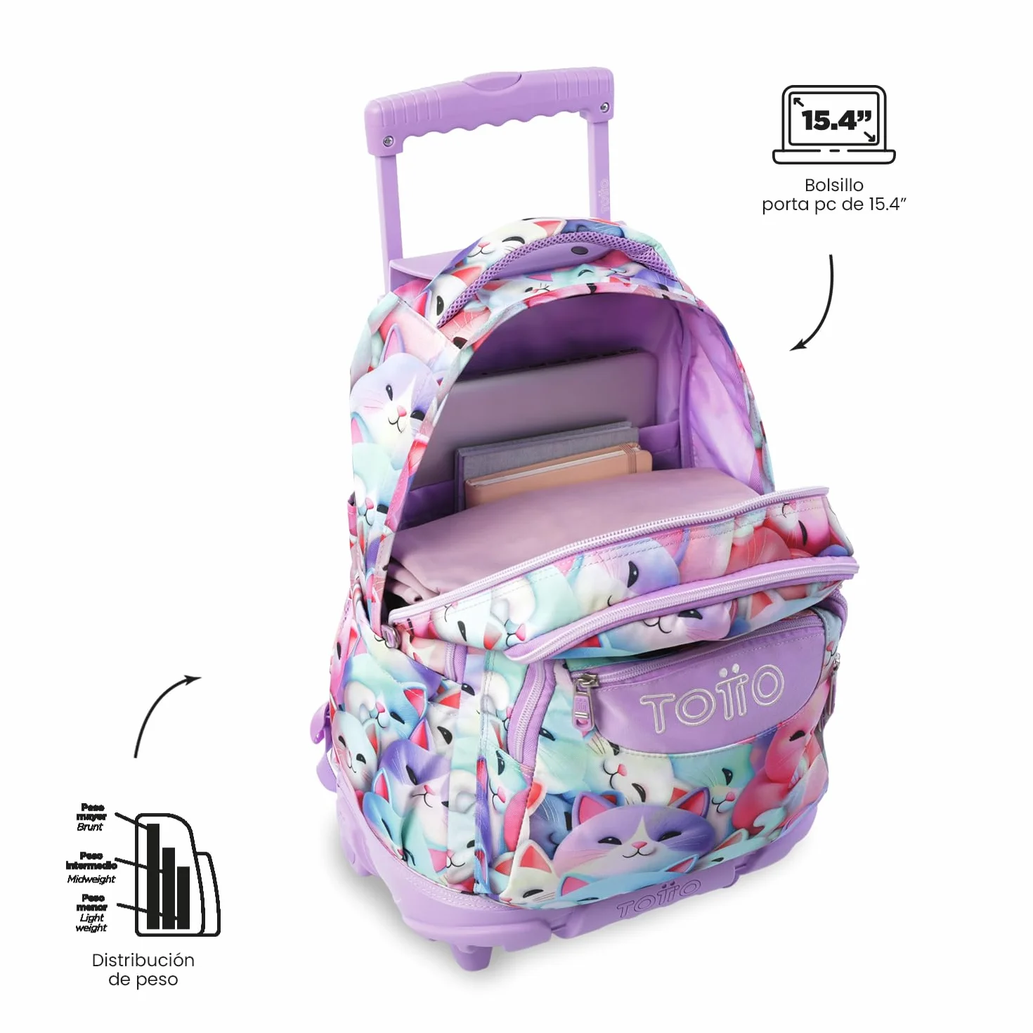 TOTTO Mochila Escolar con Ruedas Renglones 26,21 Litros Bolsillo PC 15,4" Resistente Estampado Mewsy 3D