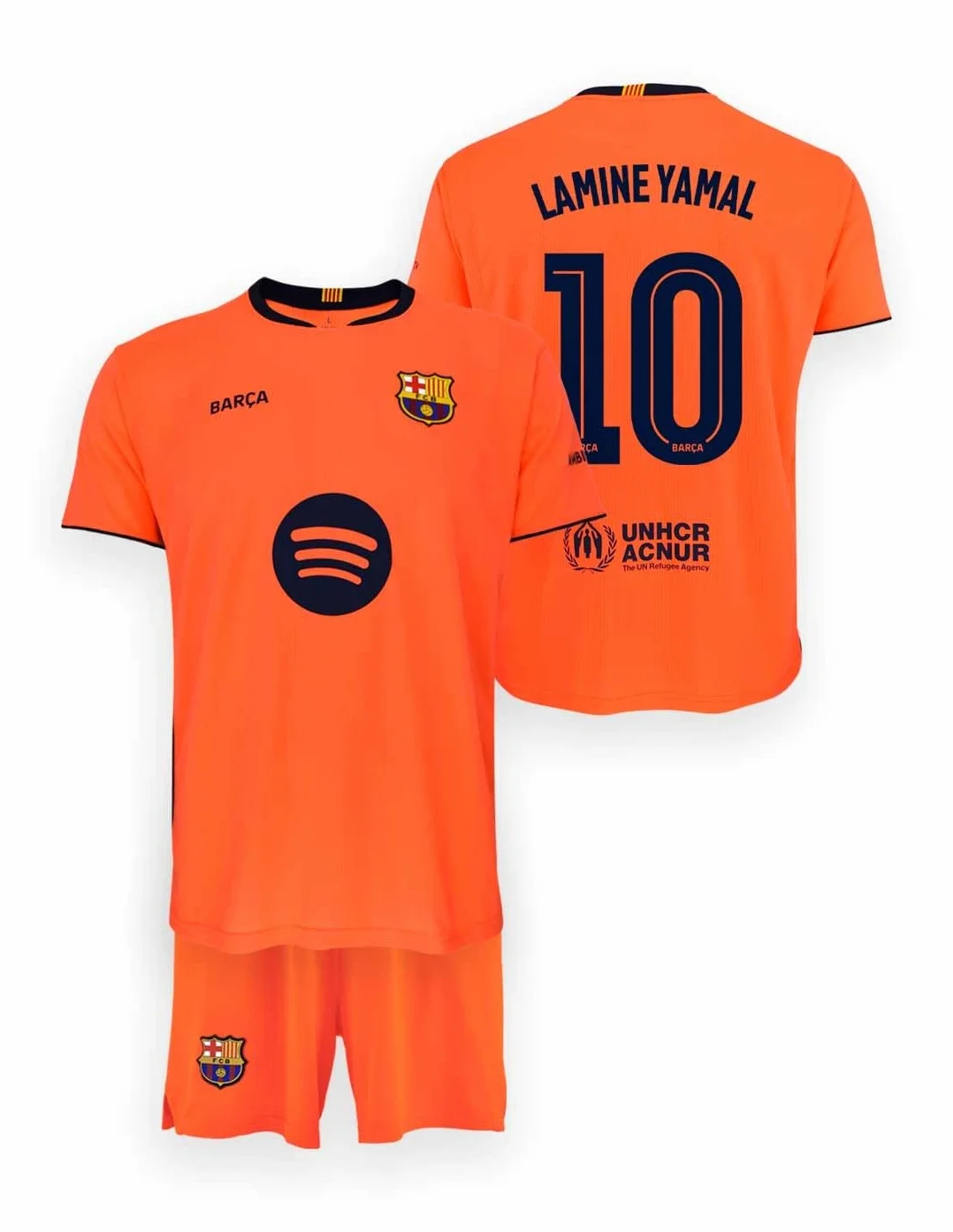 FC Barcelona Camiseta y Pantalón Unisex Niños 10 Años Naranja Tercera Equipación 25/26 Réplica Oficial Lamine Yamal Poliéster