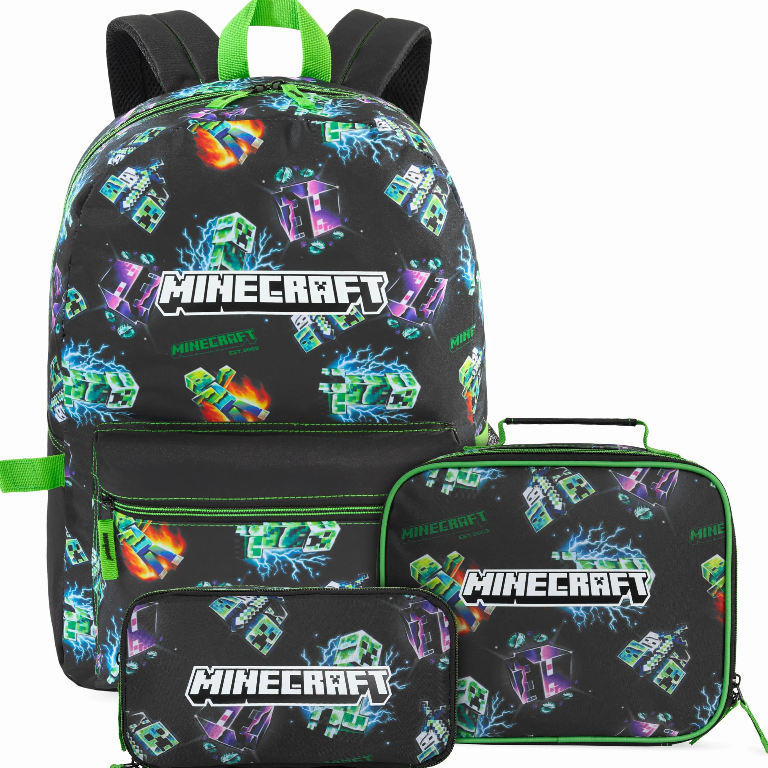 Minecraft Mochila Niños Set 3 Piezas Estuche Escolar Bolsa Almuerzo Mochila Completa Colegio Ocio Regalo Niños Multi Creeper