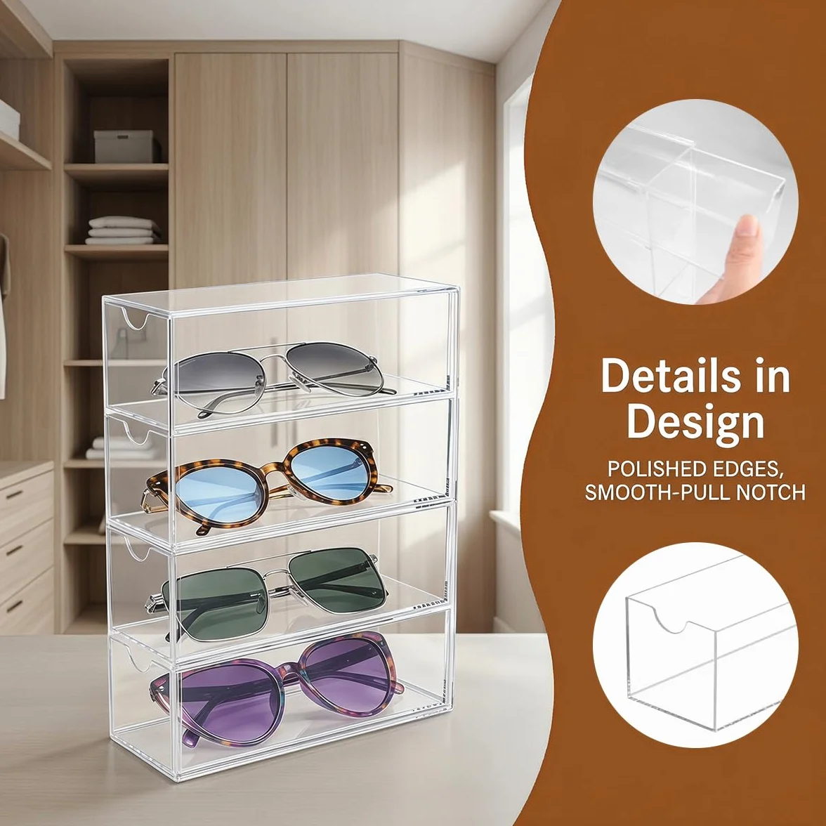 Organizador de Gafas de Sol Acrílico 24,5 x 17,5 x 6,5 cm Caja con 4 Cajones Transparente Apilable