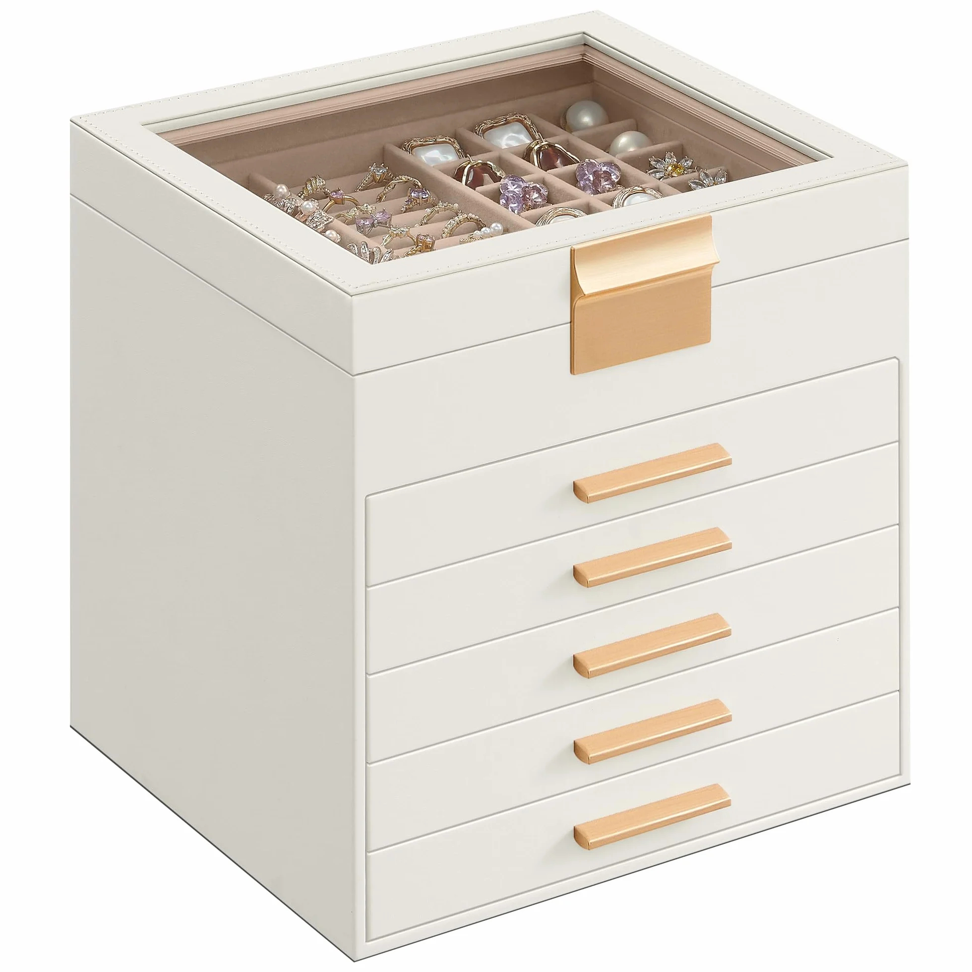 SONGMICS GISELLA Caja de Joyas 6 Niveles 5 Cajones 20,3x23,1x22,8 cm Blanco Nube y Dorado