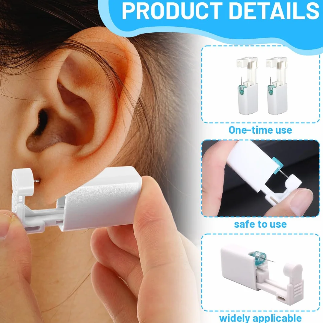 Pistolas para Piercing Oreja Desechables Kit Autoperforante Indolora Estéril con Aretes 4 Piezas