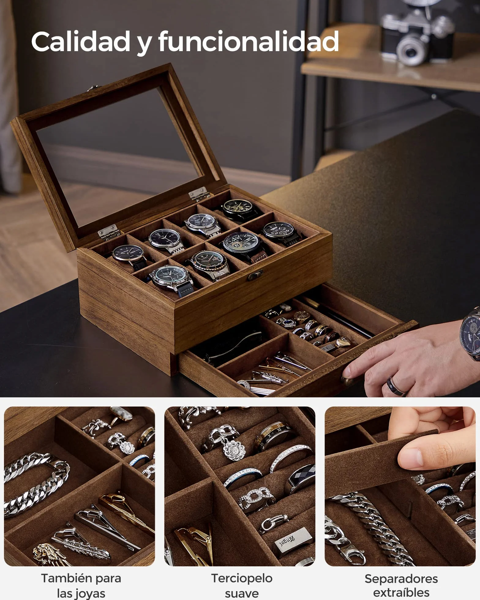 SONGMICS GISELLA Caja de Relojes 8 Ranuras Estuche Madera 2 Niveles Tapa Cristal Nogal Rústico