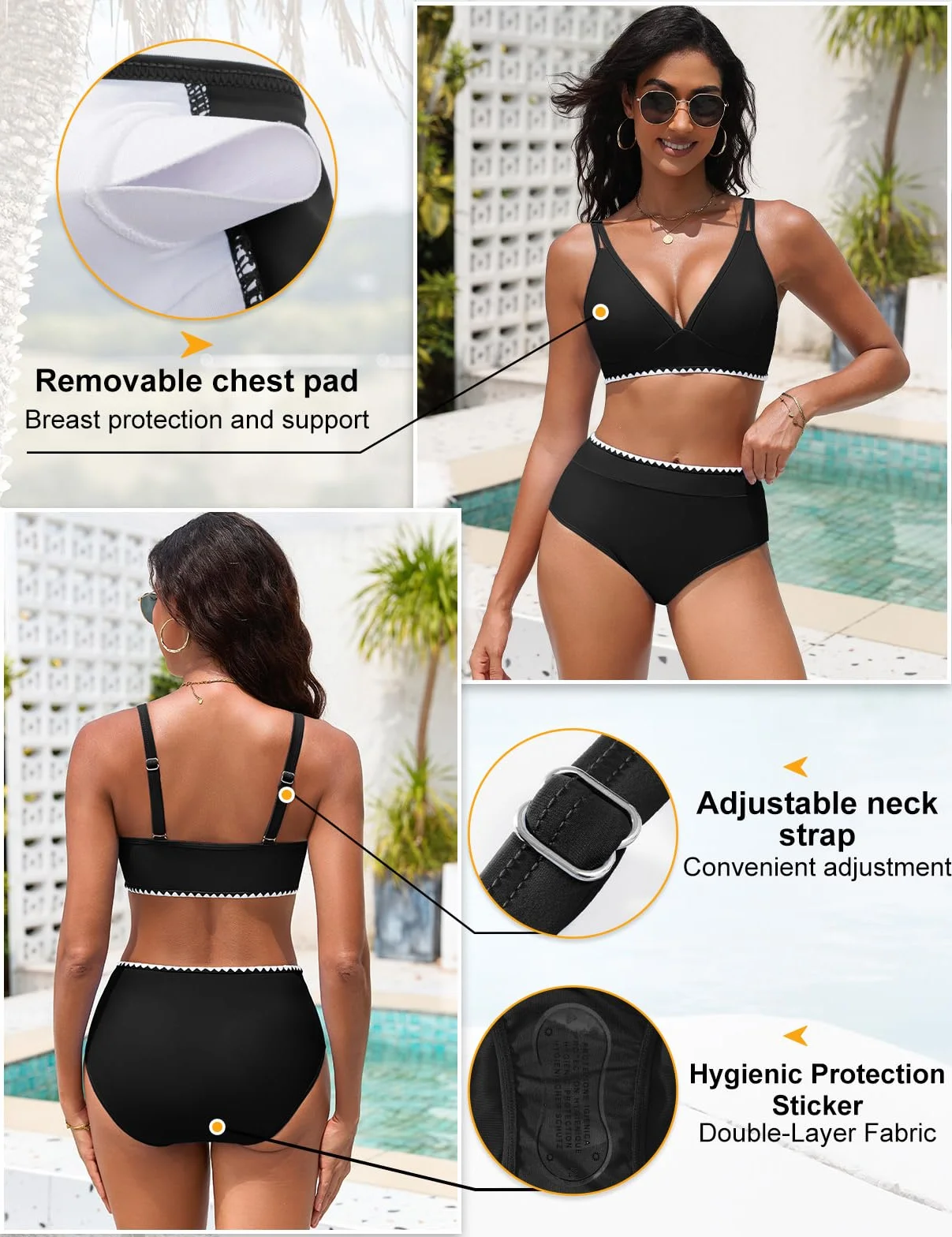 Bikini Mujer Cintura Alta Push Up Cuello En V Bañadores 2 Piezas Pliegues Reductores Control Abdominal