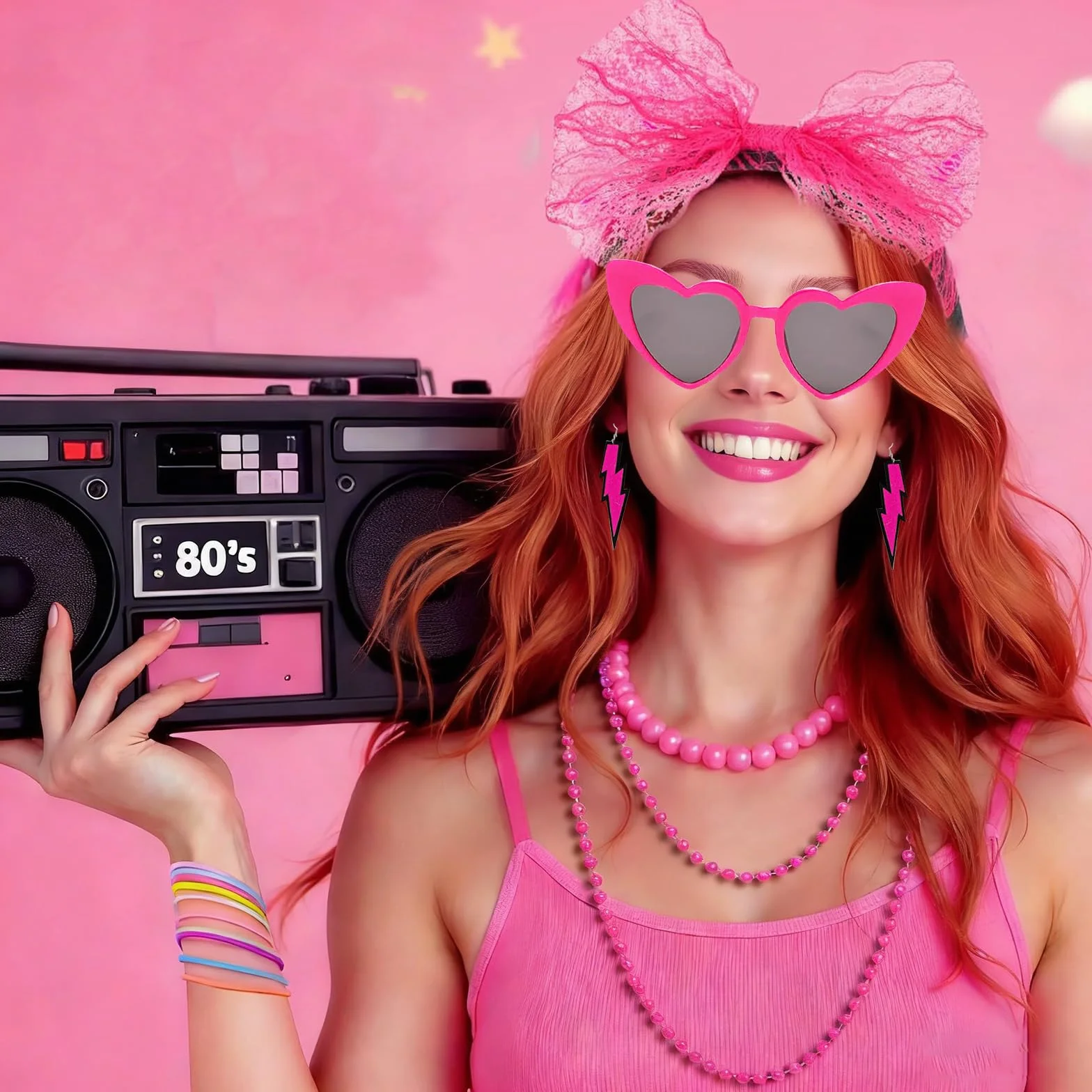 Accesorios Disfraz Años 80 Mujer, Guantes Rejilla Riñonera Gafas Corazón Retro Fiestas Neón Carnaval Halloween Rosa