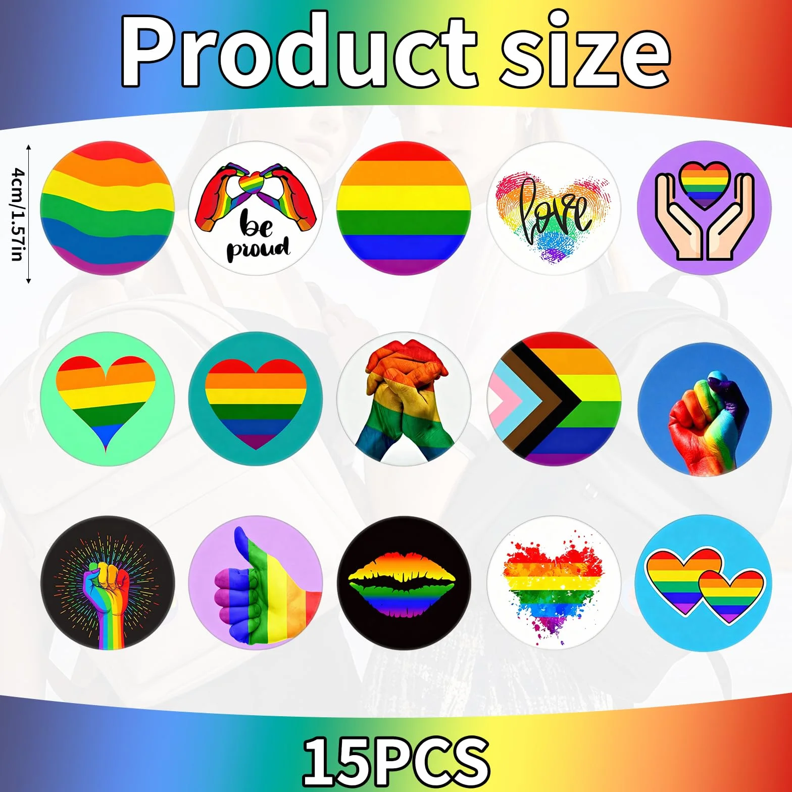 Insignias Orgullo Arcoíris 16 Piezas 44MM, Chapas LGBTQ con Puño Arcoíris, Pines Acero Inoxidable