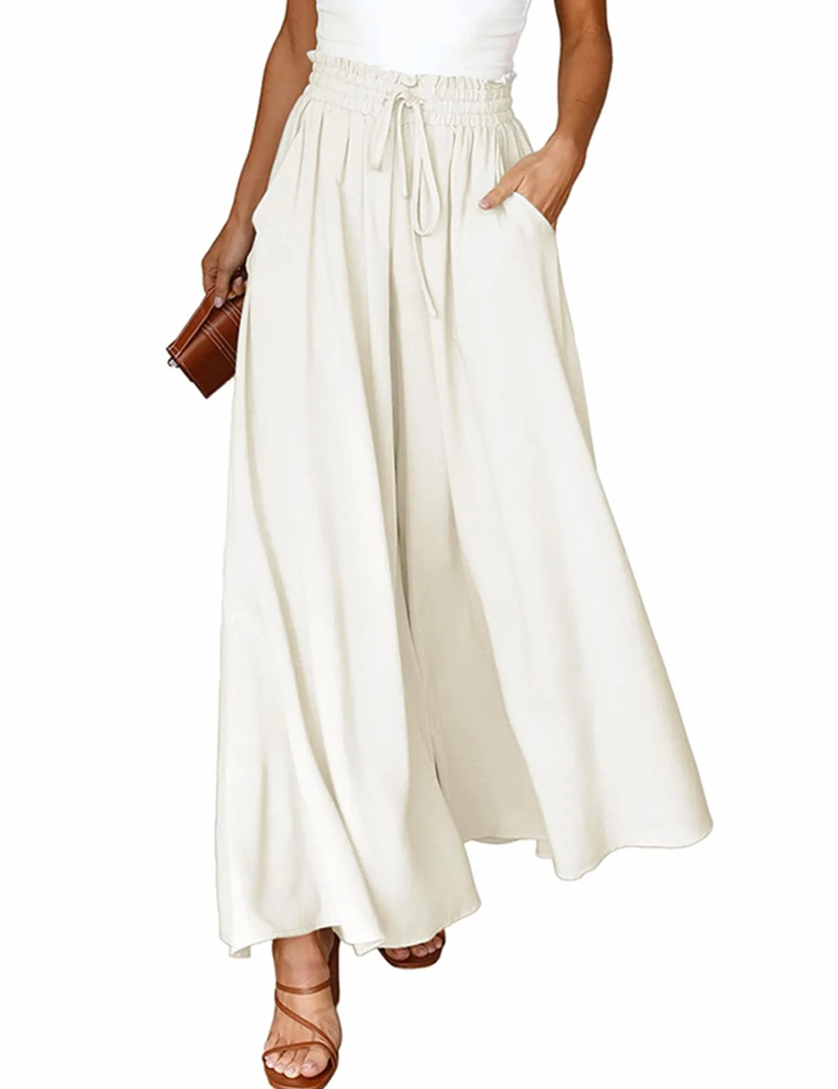 CMTOP Pantalones Mujer Palazzo Ligeros Elásticos Cintura Alta Casual Anchos Suelto Cómodos Flojo Playa Bolsillos Cordón