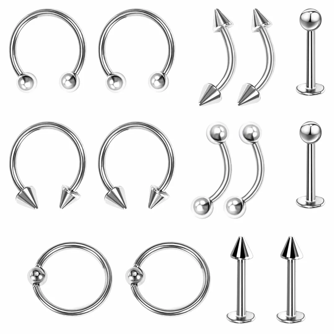 Set de Piercing Nasal Acero Quirúrgico 14 Piezas Pendientes Ceja Tragus Helix Aros Nariz Labio Labret Joya (1.2*8mm) Plateado
