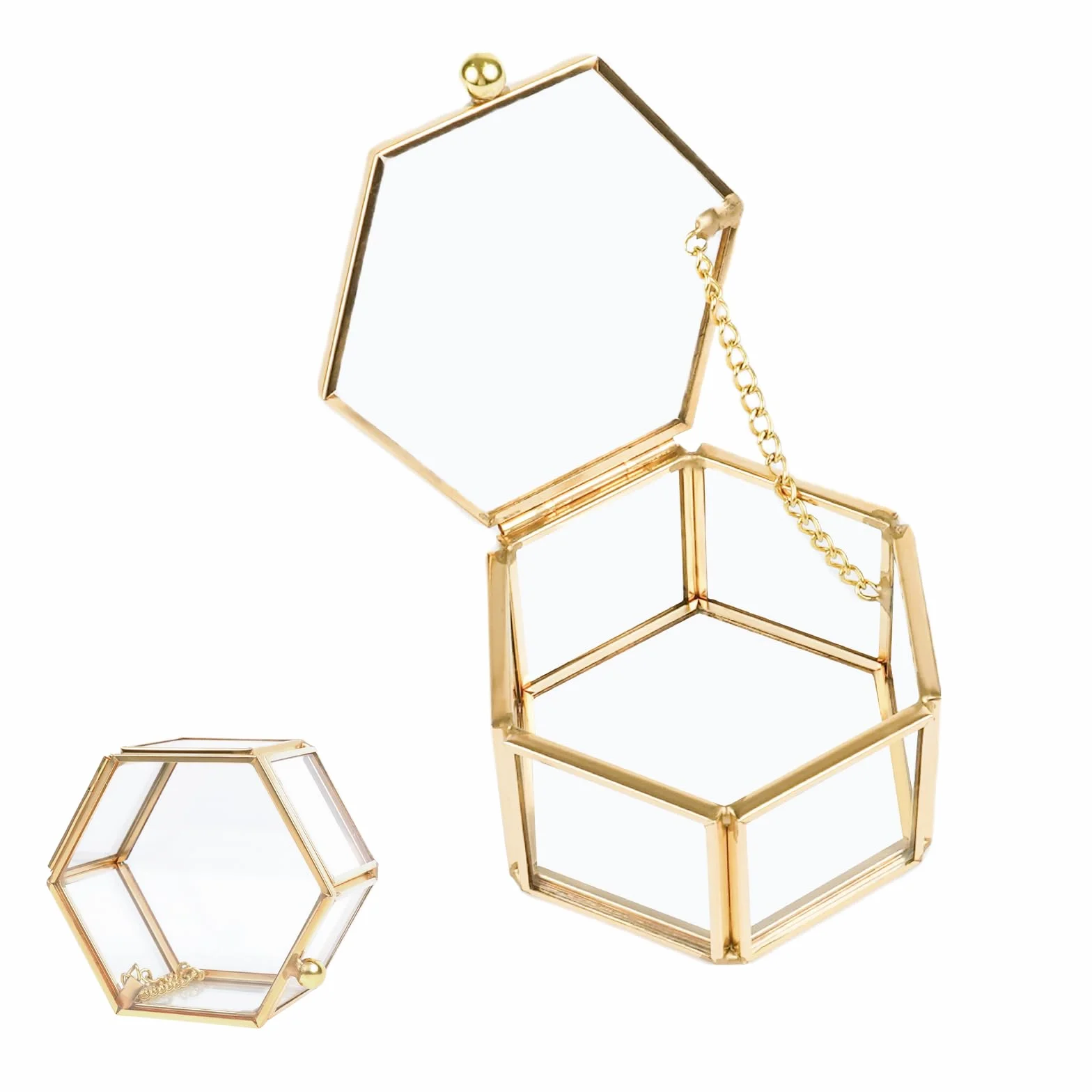 Joyero Geométrico de Cristal Dorado, Caja de Anillo de Vidrio Pequeña para Exhibir Joyas y Flores