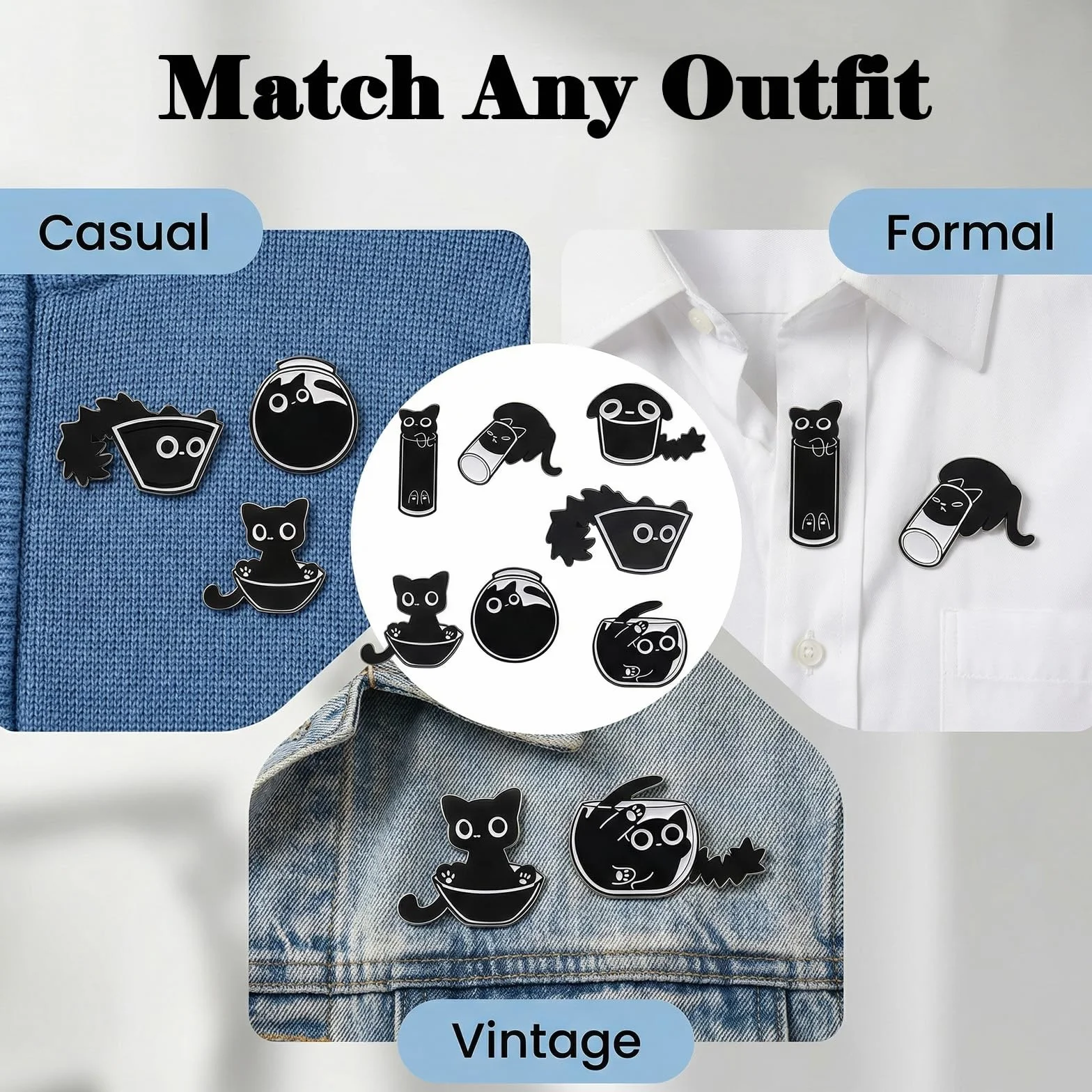 Broches Esmaltados Gato Negro Set 7 Pins para Mochila, Insignias de Esmalte Zinc