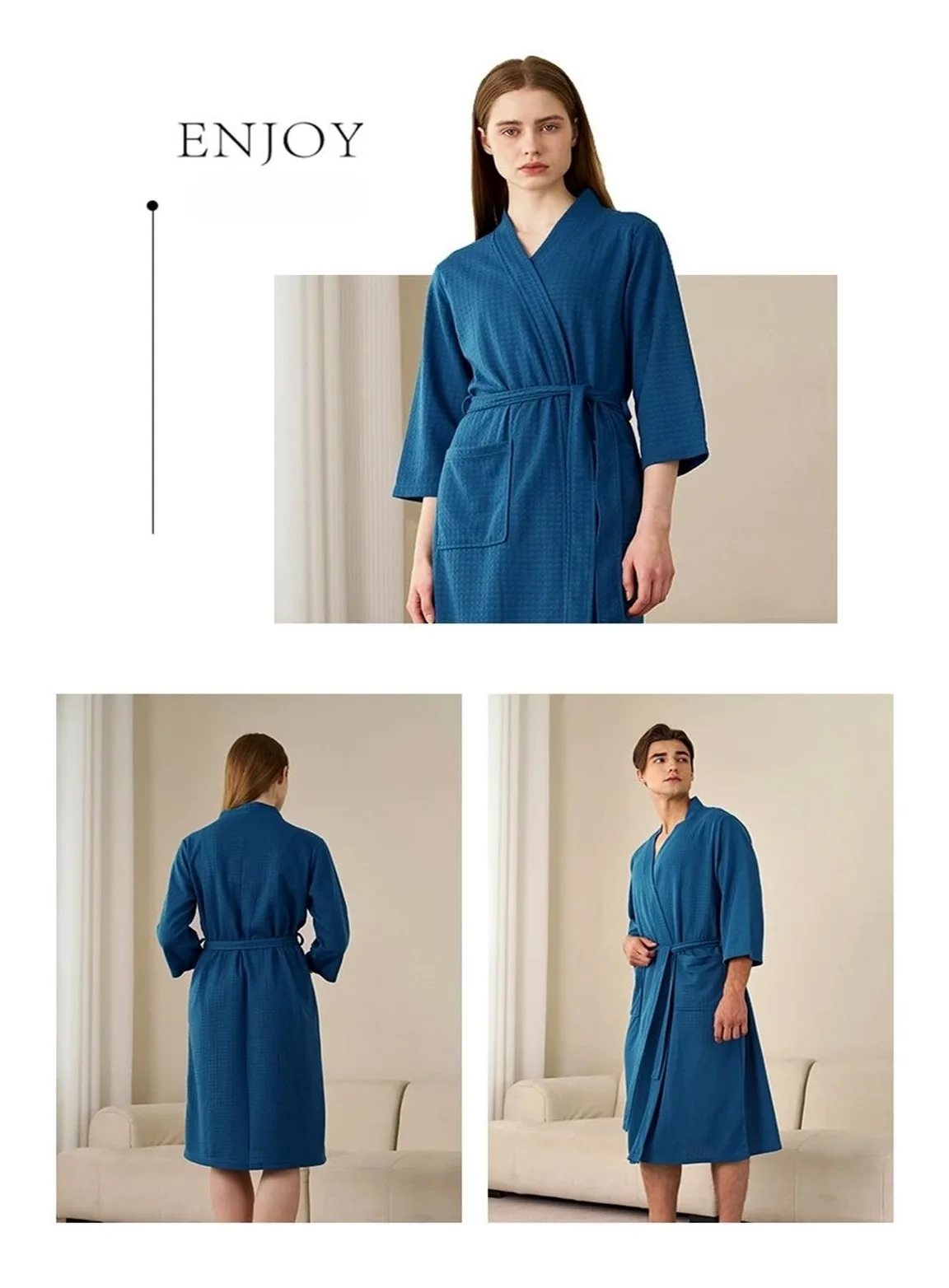 Albornoz Mujer Rizo Albornoz de verano fino y absorbente con diseño gofre for mujer hombre, camisón sencillo longitud media for, toalla baño transpirable