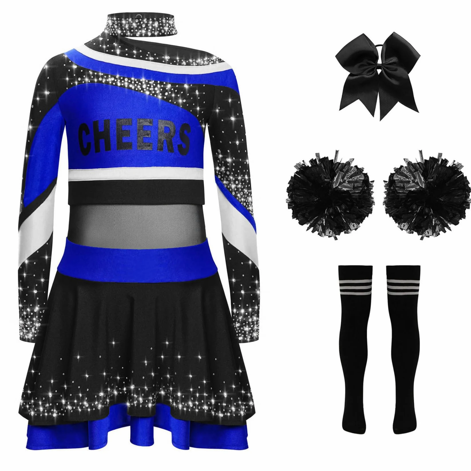 Traje Niña Vestido Baile con Brillo Vestido Cheerleading Manga Larga con Pompones Medias Moño Cabello Traje Halloween Carnaval Y Fiestas