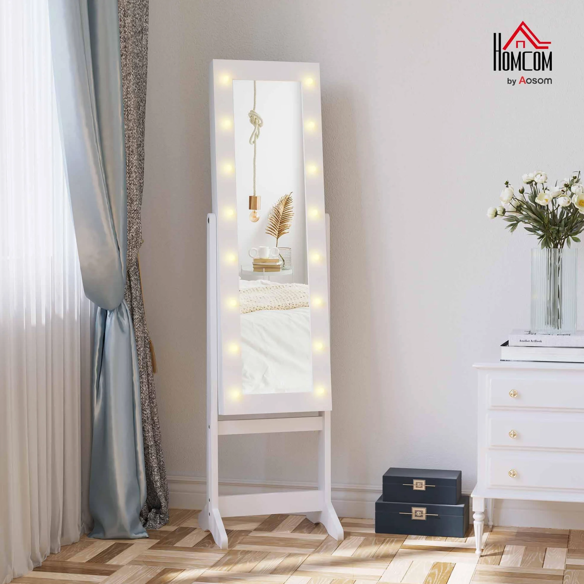 HOMCOM Espejo Joyero con Luces LED, Armario para Joyas, de Pie, Espejo Entero, Ángulo Ajustable, Blanco Cálido