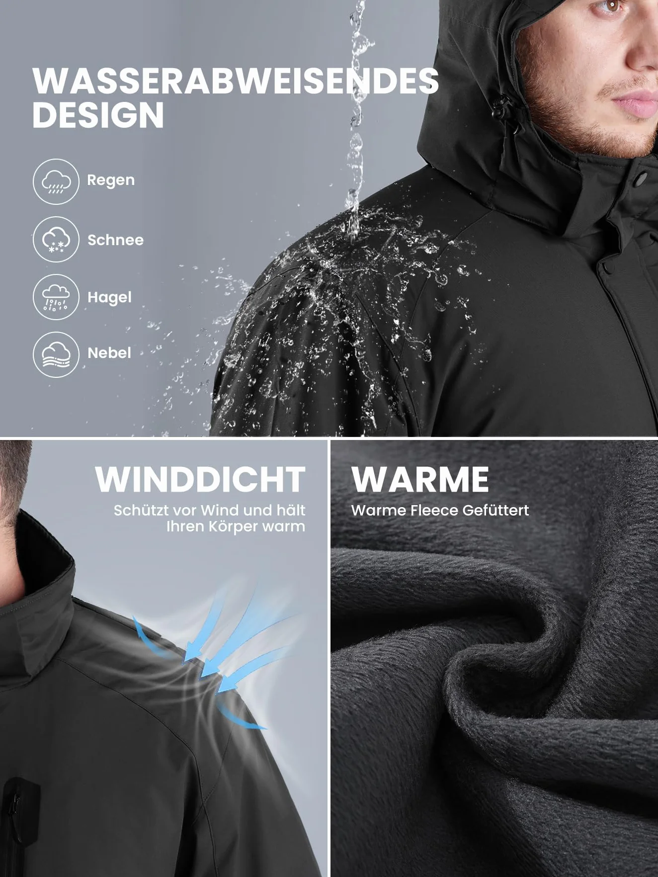 Chaqueta de invierno impermeable para hombre con forro polar y capucha extraíble