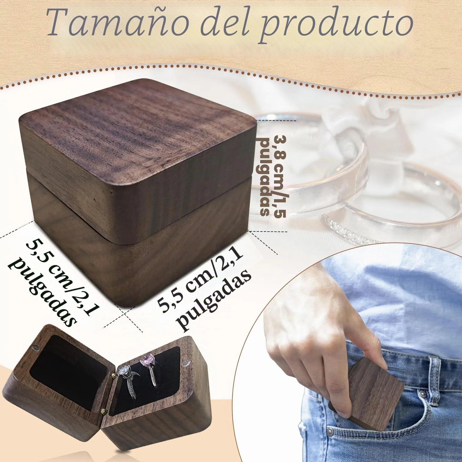 Caja Anillo de Madera Doble Ranura, Joyero Pequeño Cuadrada, Organizador Anillos de Boda (Blanco)
