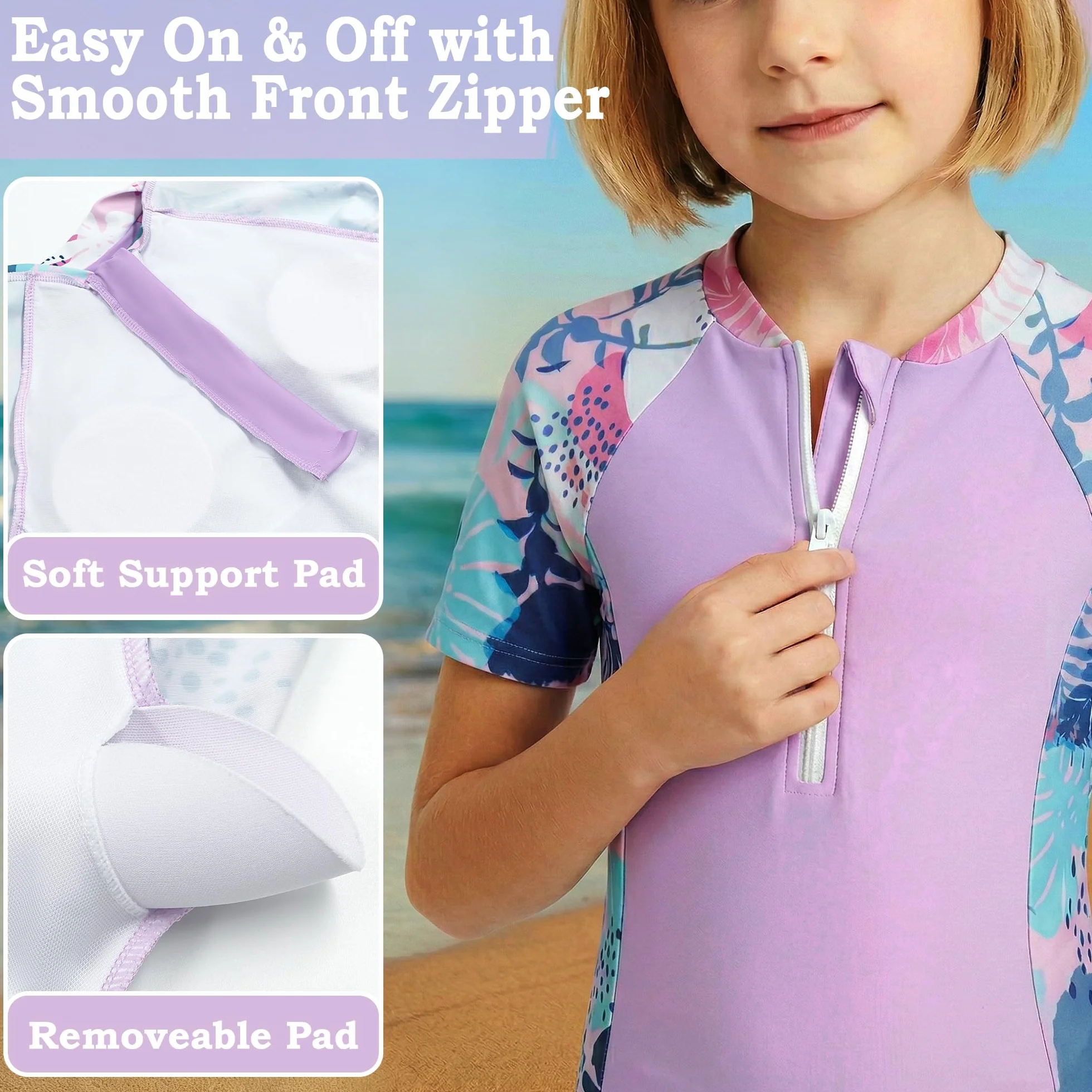 Niñas Traje de Baño 2 Piezas Manga Corta Protección Solar, Secado Rápido Estampado Top con Cremallera y Shorts, Elástico Rash Guard Playa Piscina Bañador Ropa para 5-14 Años