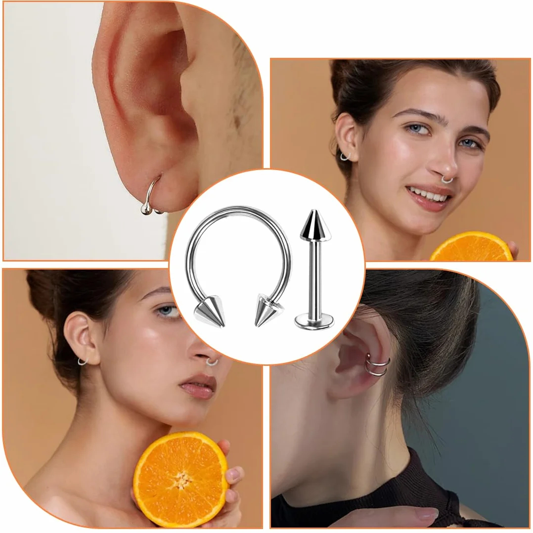 Set de Piercing Nasal Acero Quirúrgico 14 Piezas Pendientes Ceja Tragus Helix Aros Nariz Labio Labret Joya (1.2*8mm) Plateado