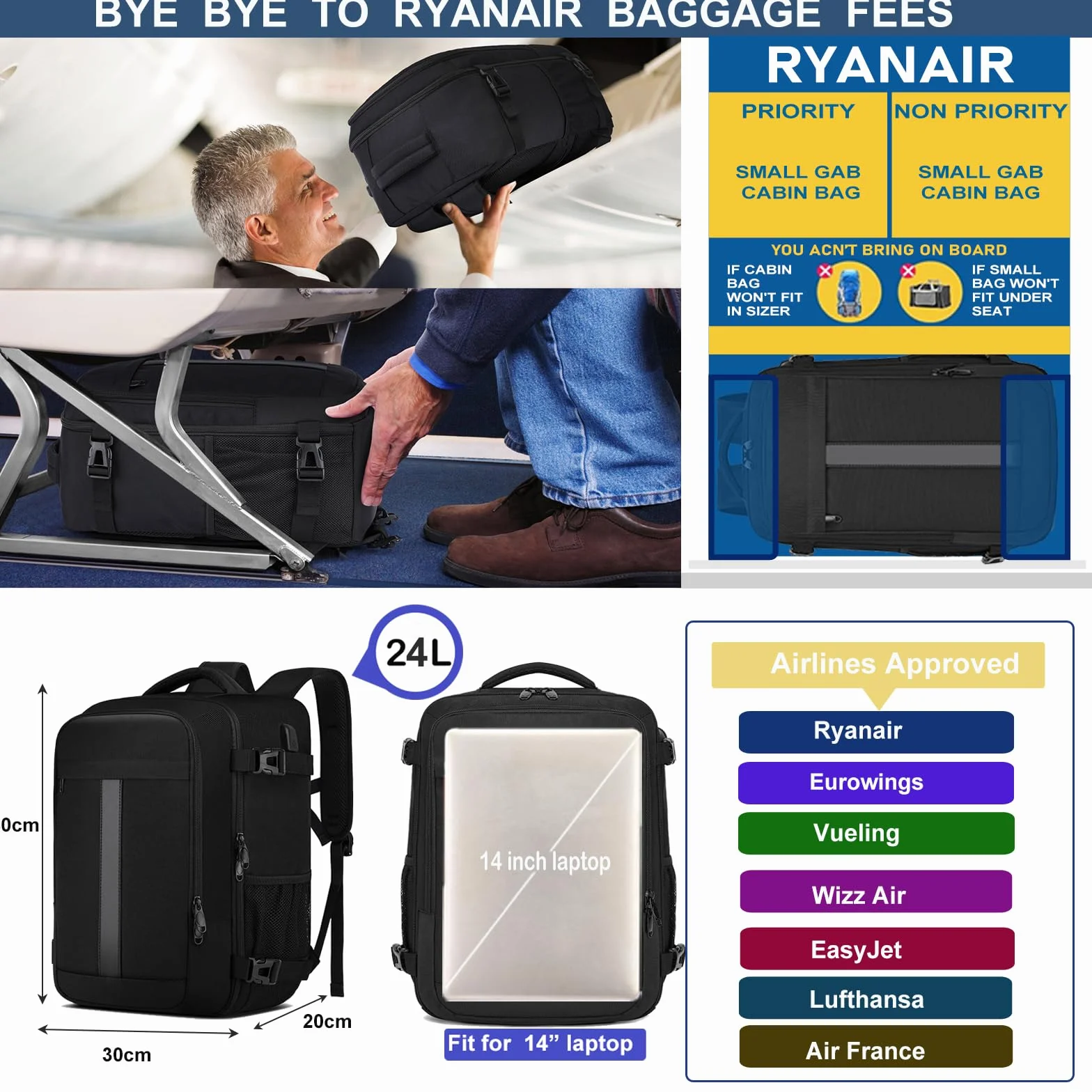 PUSLOM Mochila Viaje Cabina Avion 40x30x20 24L Bolsa Viaje Hombre Mujer Portatil 14 Pulgadas USB Negro