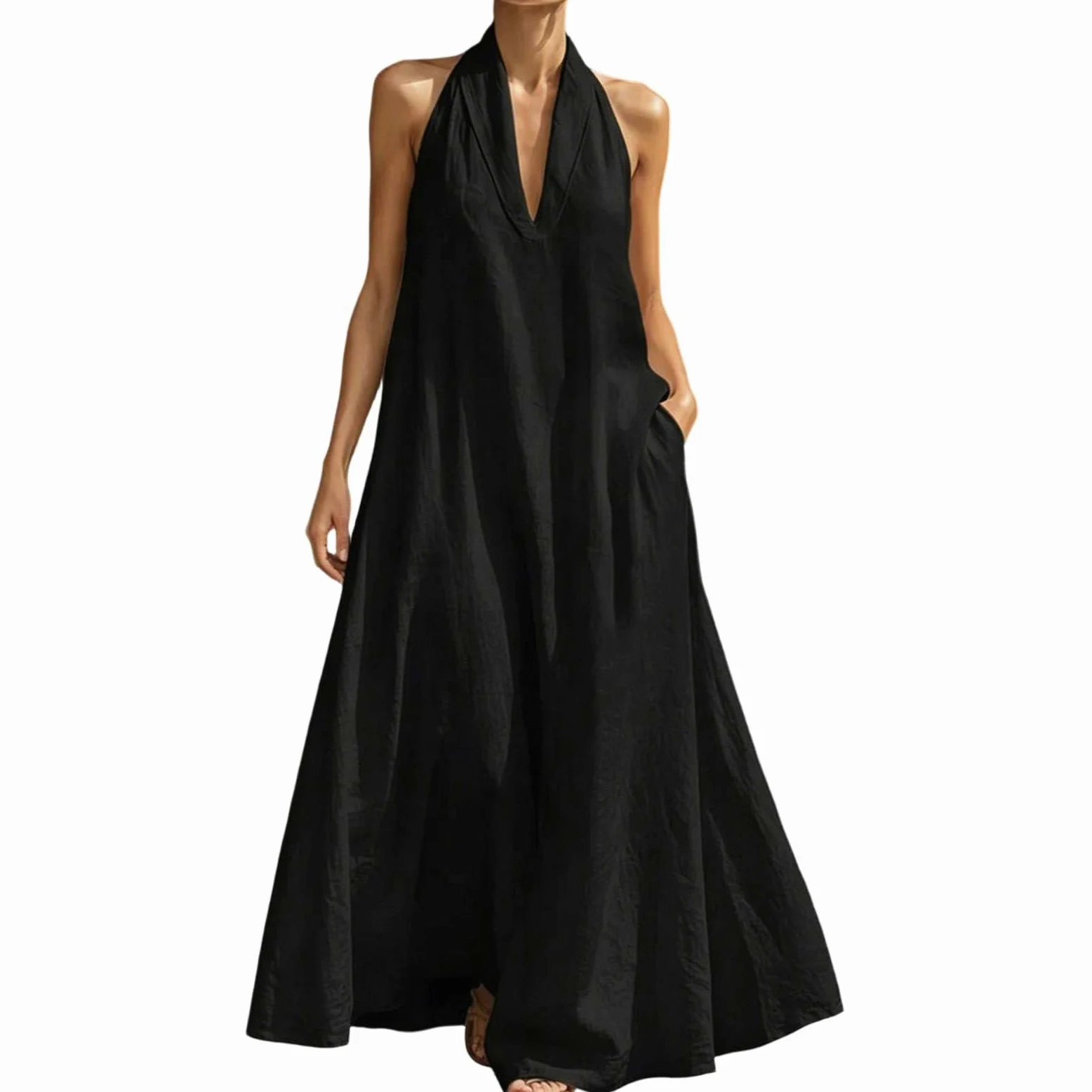 Vestido Largo Halter de Verano para Mujer - Vestido Playero Holgado Casual Sin Mangas Espalda Descubierta 2026