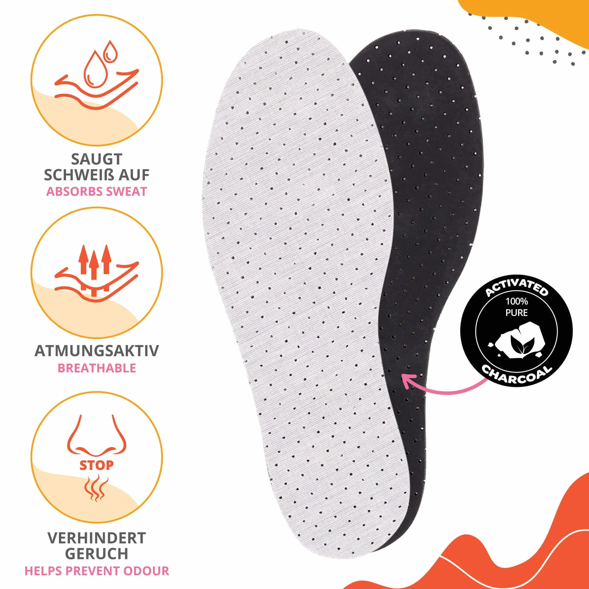 SULPO Plantillas de Carbón Activado Antisudor - Suelas Extraíbles de Espuma de Algodón y Látex para Zapatos, 4 Pares Tallas 36-48