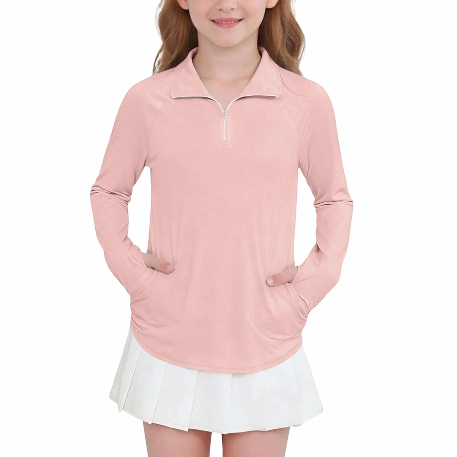 Camiseta de Protección Solar Niña Manga Larga 1/4 Cremallera Secado Rápido Transpirable Thumbhole 4-15 años